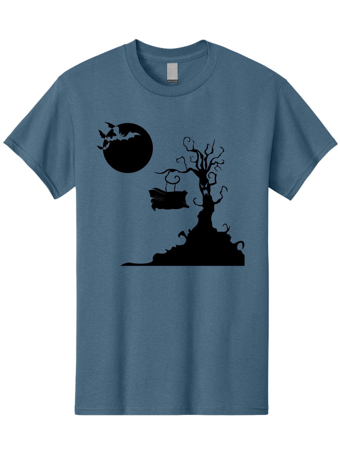 Halloween-Tree Men'S Graphic Tee, 100% Cotton, Comfortable Casual Summer Wear, Machine Washable, Halloween Scene, Spooky Atmosphere, Flying Bats, Haunted Tree, Swing, Full Moon, Dark Silhouette, Autumn Leaves, Halloween Decorations, Aab219