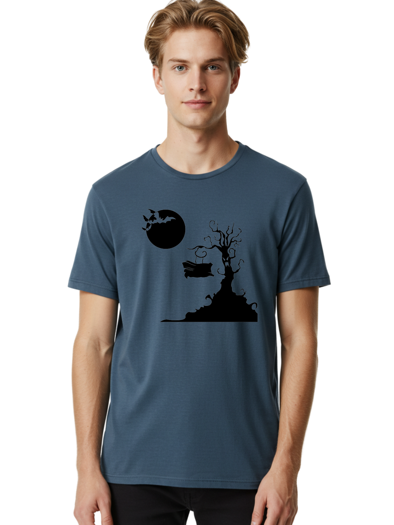 Halloween-Tree Men'S Graphic Tee, 100% Cotton, Comfortable Casual Summer Wear, Machine Washable, Halloween Scene, Spooky Atmosphere, Flying Bats, Haunted Tree, Swing, Full Moon, Dark Silhouette, Autumn Leaves, Halloween Decorations, Aab219 12