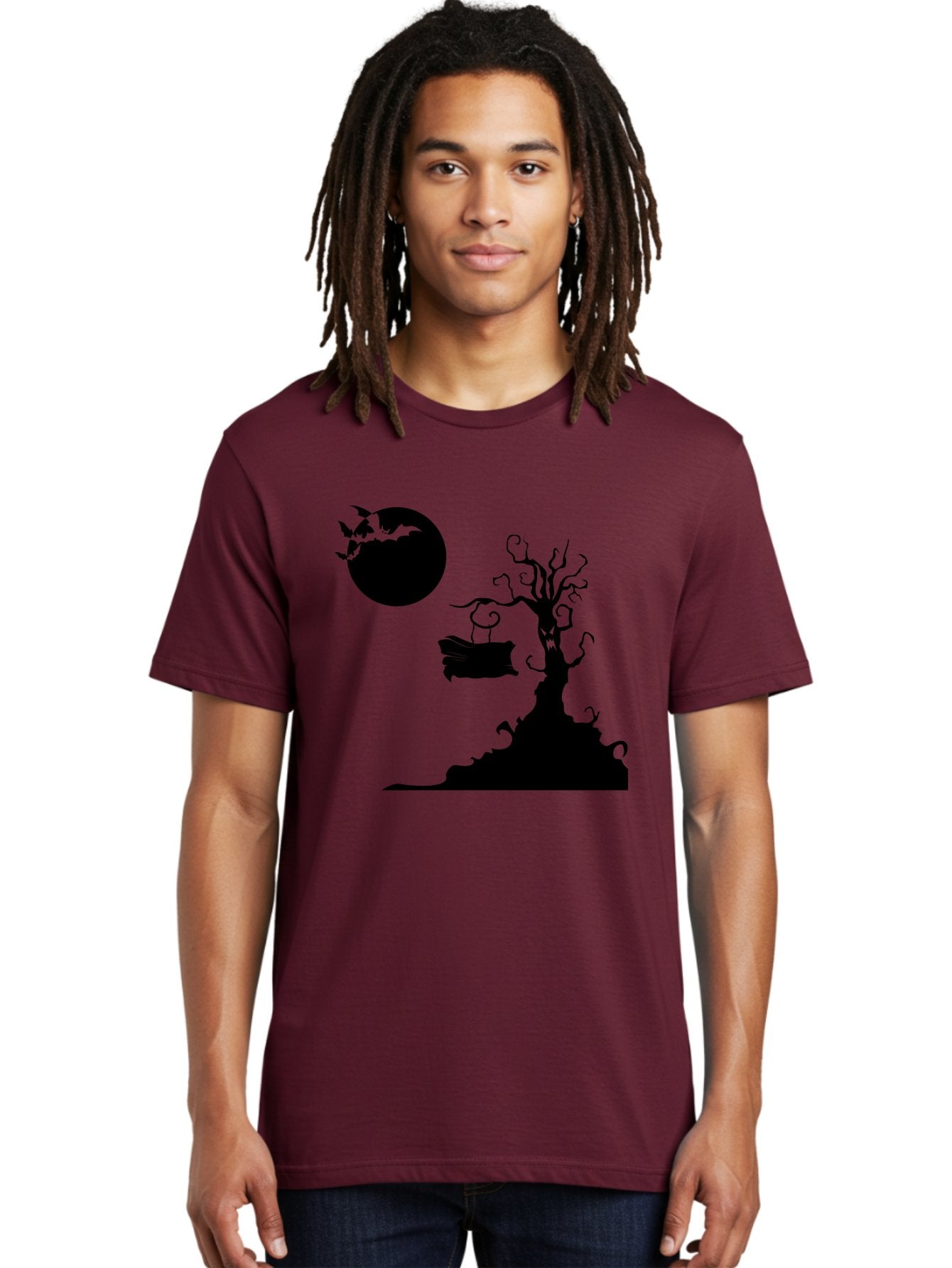 Halloween-Tree Men'S Graphic Tee, 100% Cotton, Comfortable Casual Summer Wear, Machine Washable, Halloween Scene, Spooky Atmosphere, Flying Bats, Haunted Tree, Swing, Full Moon, Dark Silhouette, Autumn Leaves, Halloween Decorations, Aab219 24