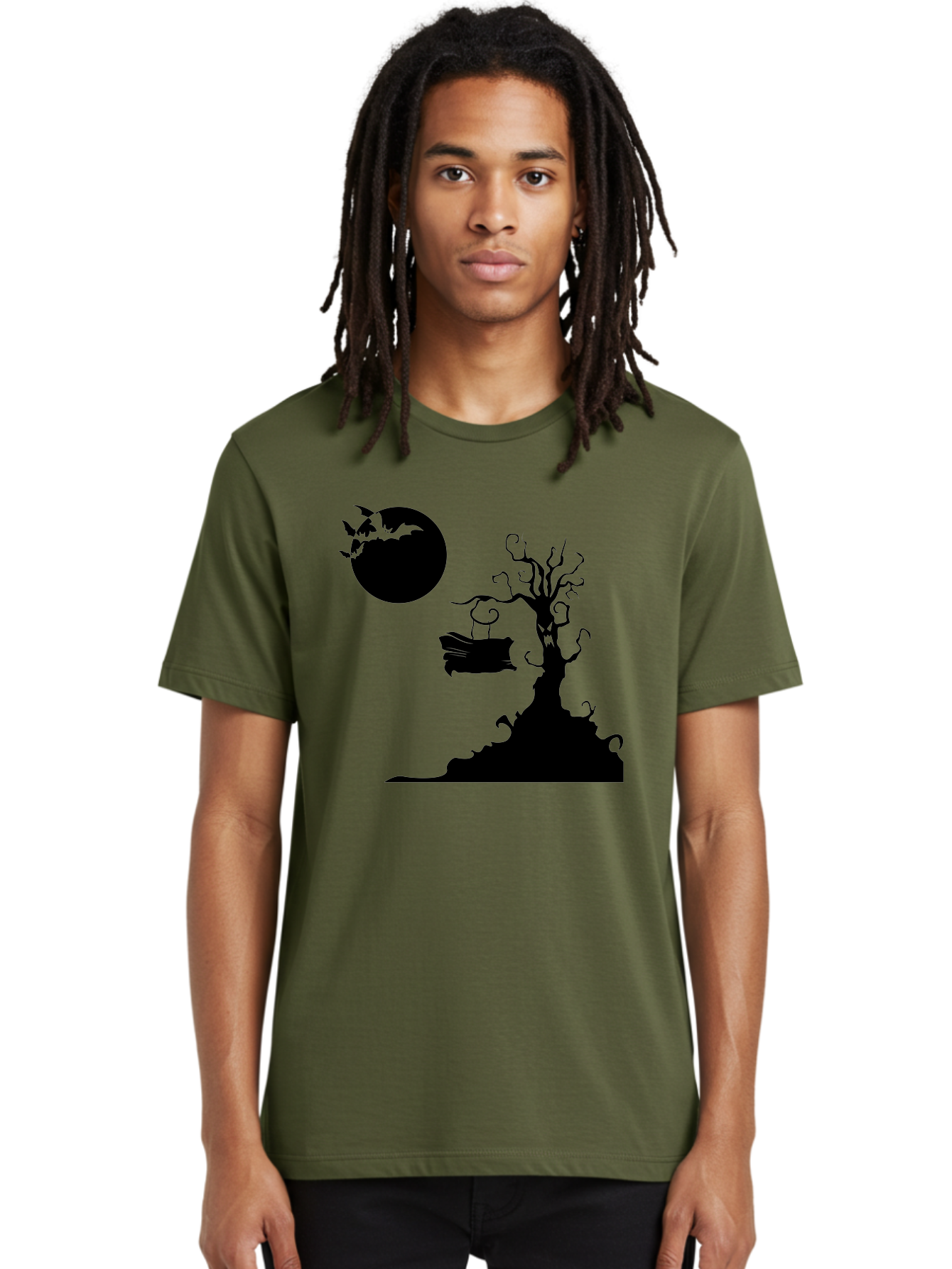 Halloween-Tree Men'S Graphic Tee, 100% Cotton, Comfortable Casual Summer Wear, Machine Washable, Halloween Scene, Spooky Atmosphere, Flying Bats, Haunted Tree, Swing, Full Moon, Dark Silhouette, Autumn Leaves, Halloween Decorations, Aab219 16