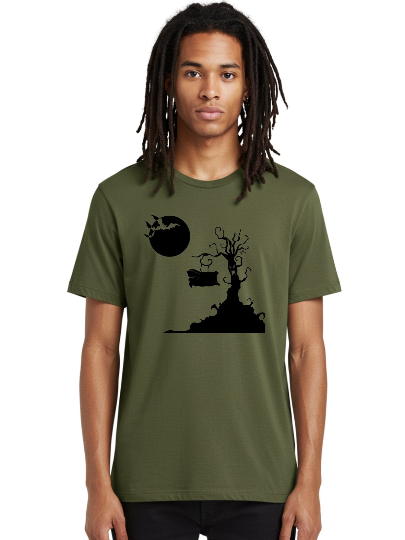 Halloween-Tree Men'S Graphic Tee, 100% Cotton, Comfortable Casual Summer Wear, Machine Washable, Halloween Scene, Spooky Atmosphere, Flying Bats, Haunted Tree, Swing, Full Moon, Dark Silhouette, Autumn Leaves, Halloween Decorations, Aab219 20