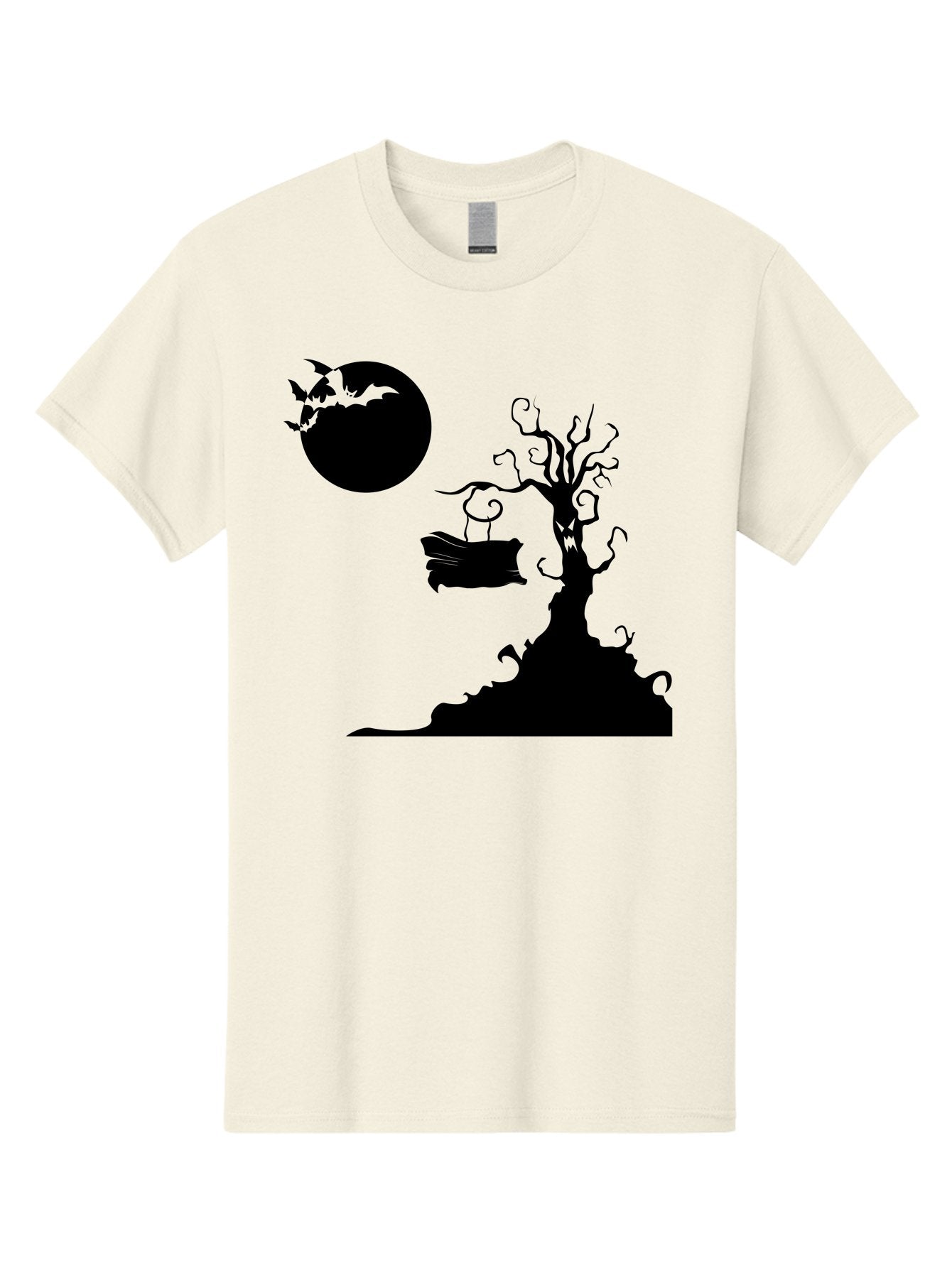 Halloween-Tree Men'S Graphic Tee, 100% Cotton, Comfortable Casual Summer Wear, Machine Washable, Halloween Scene, Spooky Atmosphere, Flying Bats, Haunted Tree, Swing, Full Moon, Dark Silhouette, Autumn Leaves, Halloween Decorations, Aab219