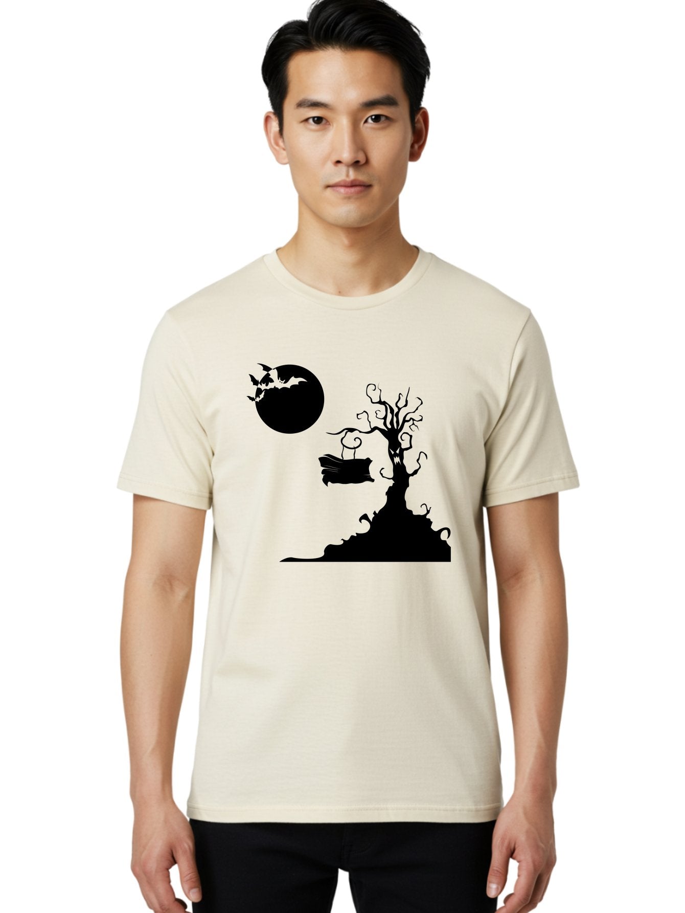 Halloween-Tree Men'S Graphic Tee, 100% Cotton, Comfortable Casual Summer Wear, Machine Washable, Halloween Scene, Spooky Atmosphere, Flying Bats, Haunted Tree, Swing, Full Moon, Dark Silhouette, Autumn Leaves, Halloween Decorations, Aab219 19
