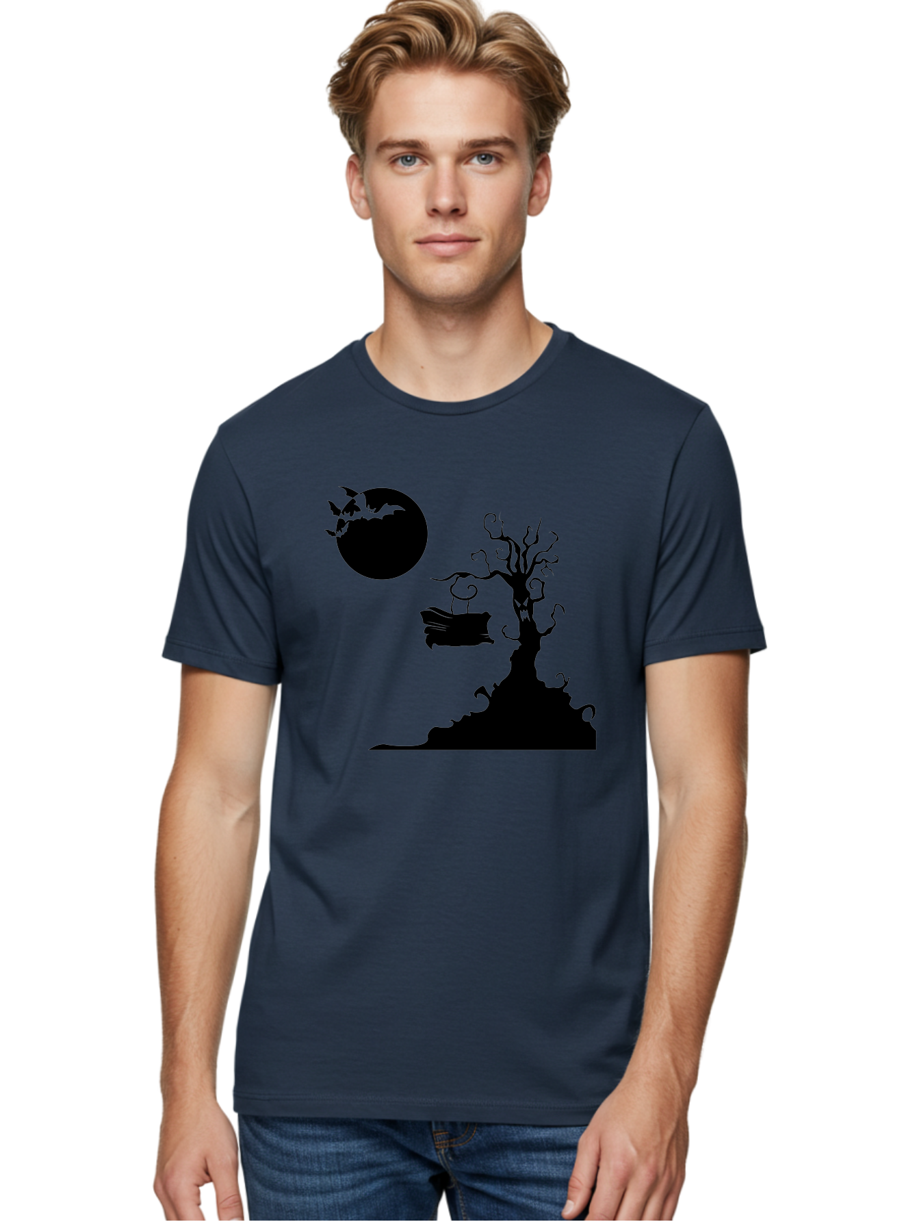 Halloween-Tree Men'S Graphic Tee, 100% Cotton, Comfortable Casual Summer Wear, Machine Washable, Halloween Scene, Spooky Atmosphere, Flying Bats, Haunted Tree, Swing, Full Moon, Dark Silhouette, Autumn Leaves, Halloween Decorations, Aab219 20