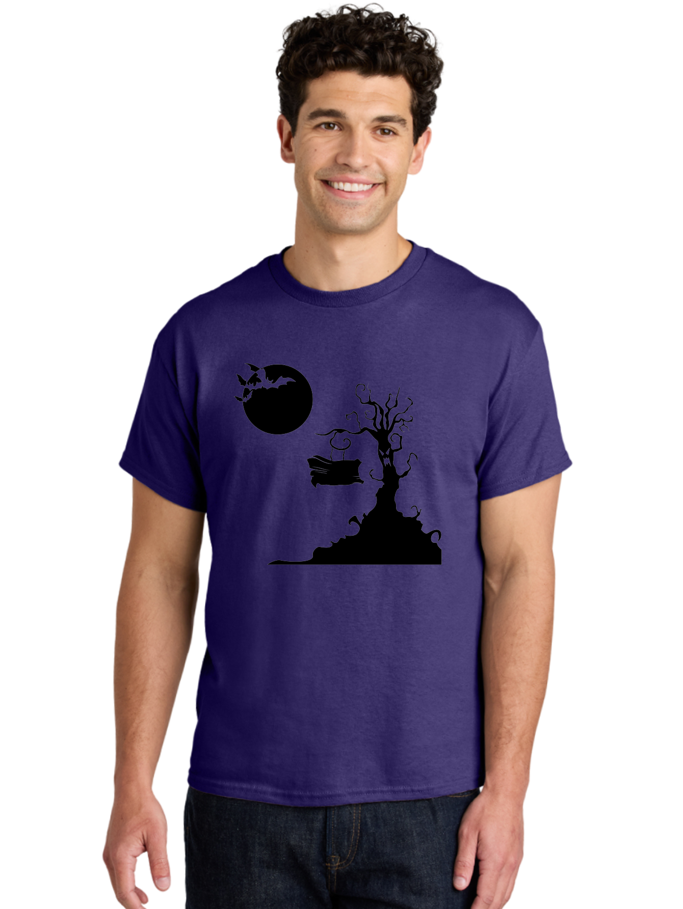 Halloween-Tree Men'S Graphic Tee, 100% Cotton, Comfortable Casual Summer Wear, Machine Washable, Halloween Scene, Spooky Atmosphere, Flying Bats, Haunted Tree, Swing, Full Moon, Dark Silhouette, Autumn Leaves, Halloween Decorations, Aab219 22