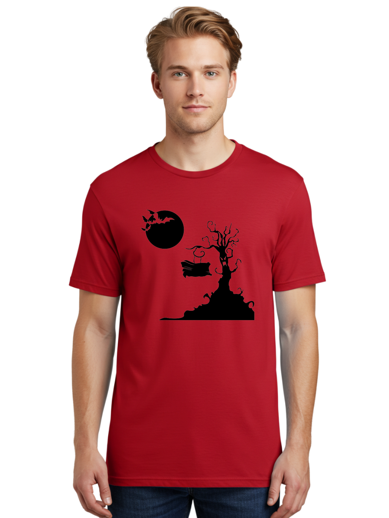 Halloween-Tree Men'S Graphic Tee, 100% Cotton, Comfortable Casual Summer Wear, Machine Washable, Halloween Scene, Spooky Atmosphere, Flying Bats, Haunted Tree, Swing, Full Moon, Dark Silhouette, Autumn Leaves, Halloween Decorations, Aab219 24