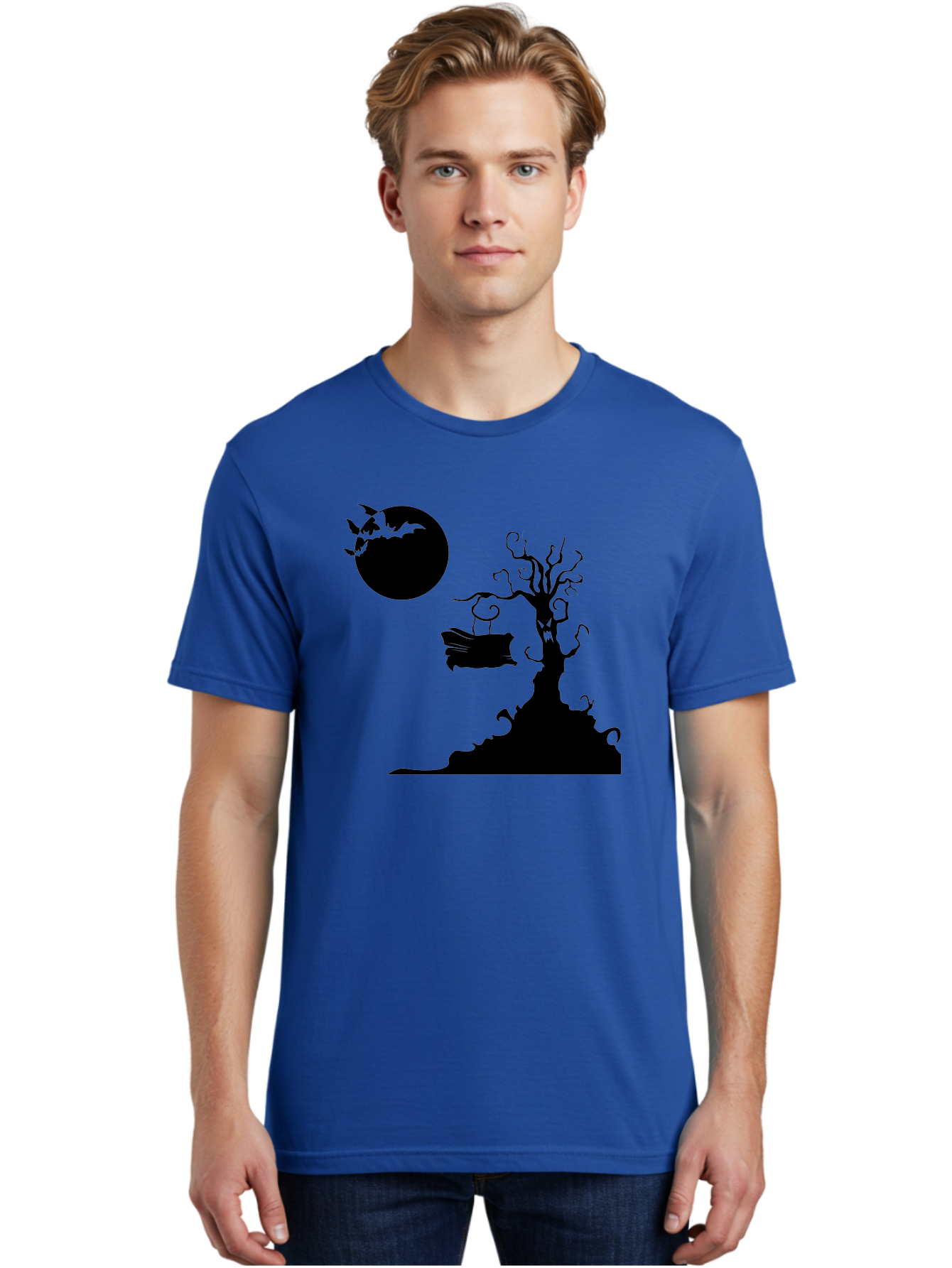 Halloween-Tree Men'S Graphic Tee, 100% Cotton, Comfortable Casual Summer Wear, Machine Washable, Halloween Scene, Spooky Atmosphere, Flying Bats, Haunted Tree, Swing, Full Moon, Dark Silhouette, Autumn Leaves, Halloween Decorations, Aab219 26