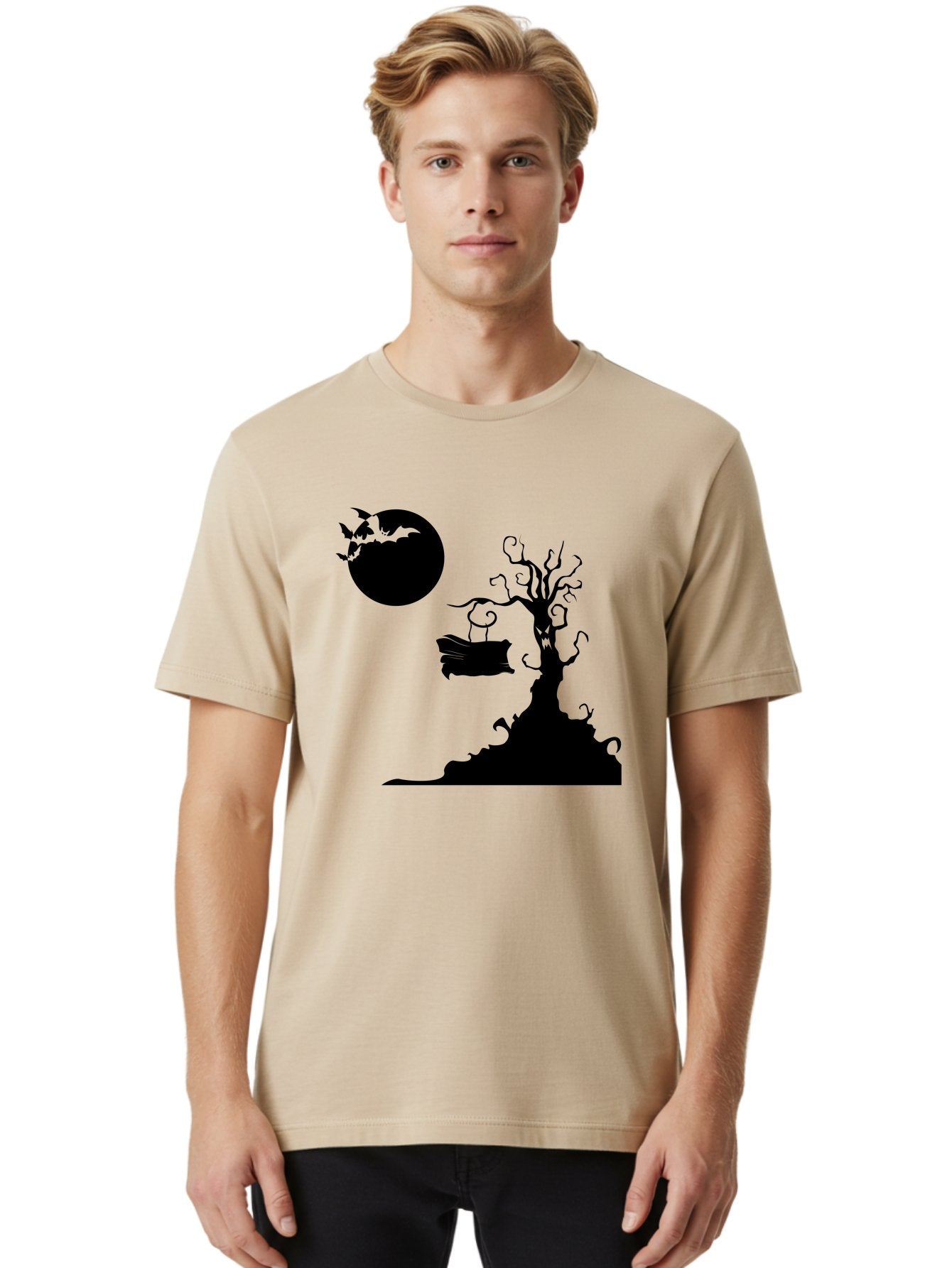 Halloween-Tree Men'S Graphic Tee, 100% Cotton, Comfortable Casual Summer Wear, Machine Washable, Halloween Scene, Spooky Atmosphere, Flying Bats, Haunted Tree, Swing, Full Moon, Dark Silhouette, Autumn Leaves, Halloween Decorations, Aab219 17