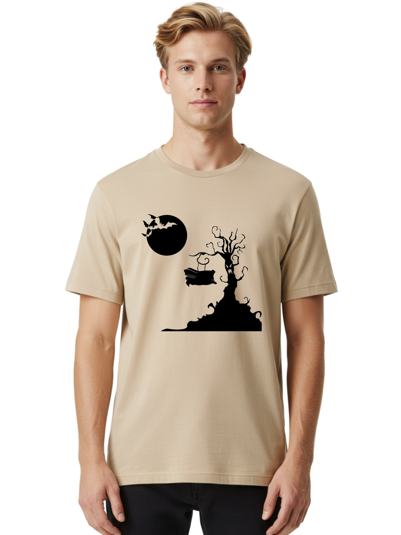 Halloween-Tree Men'S Graphic Tee, 100% Cotton, Comfortable Casual Summer Wear, Machine Washable, Halloween Scene, Spooky Atmosphere, Flying Bats, Haunted Tree, Swing, Full Moon, Dark Silhouette, Autumn Leaves, Halloween Decorations, Aab219 28