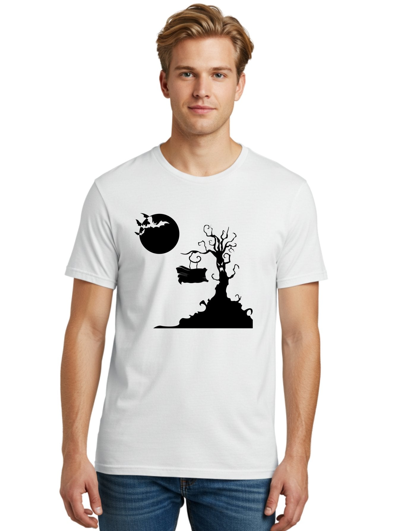 Halloween-Tree Men'S Graphic Tee, 100% Cotton, Comfortable Casual Summer Wear, Machine Washable, Halloween Scene, Spooky Atmosphere, Flying Bats, Haunted Tree, Swing, Full Moon, Dark Silhouette, Autumn Leaves, Halloween Decorations, Aab219 27