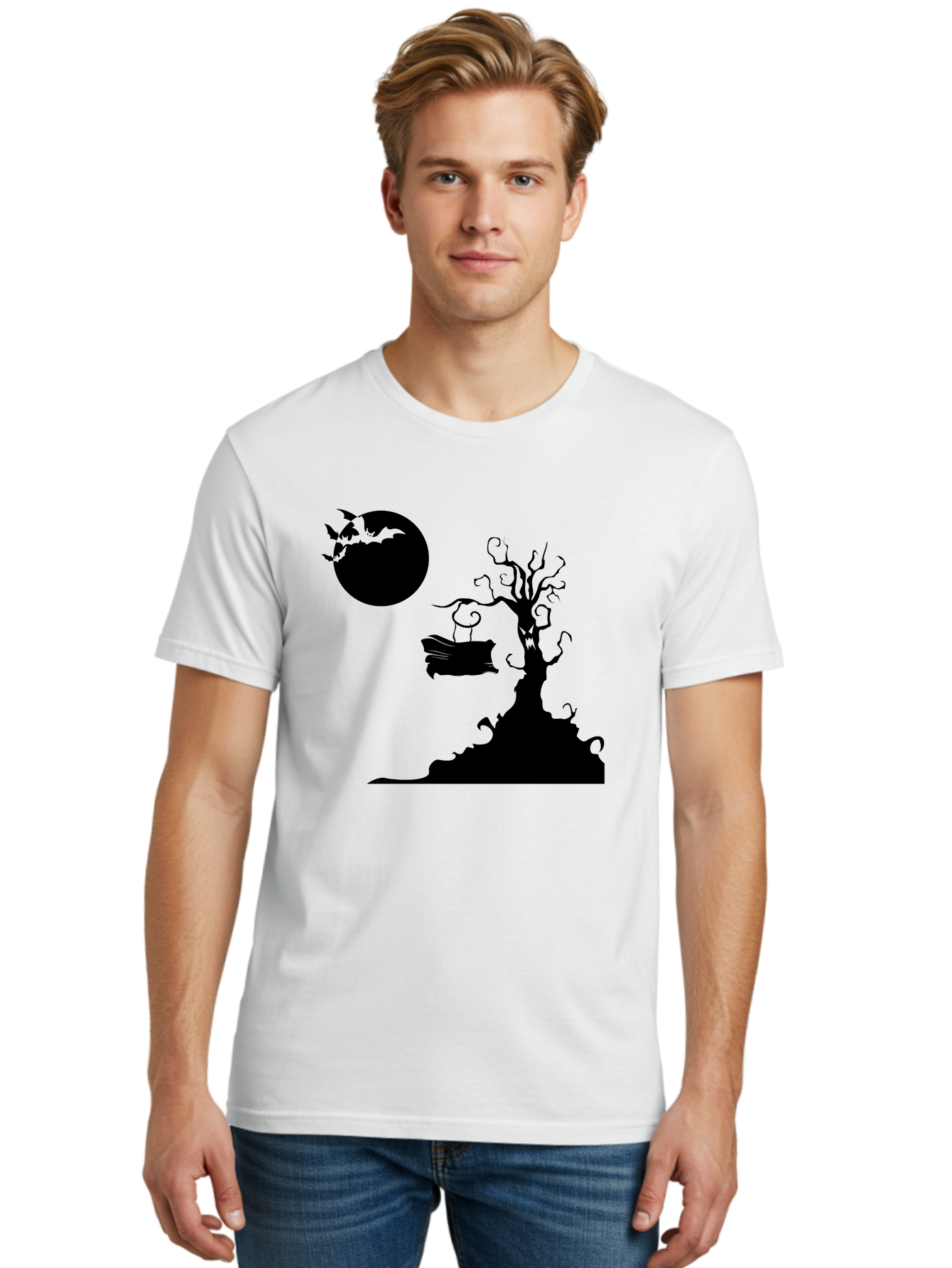 Halloween-Tree Men'S Graphic Tee, 100% Cotton, Comfortable Casual Summer Wear, Machine Washable, Halloween Scene, Spooky Atmosphere, Flying Bats, Haunted Tree, Swing, Full Moon, Dark Silhouette, Autumn Leaves, Halloween Decorations, Aab219 30