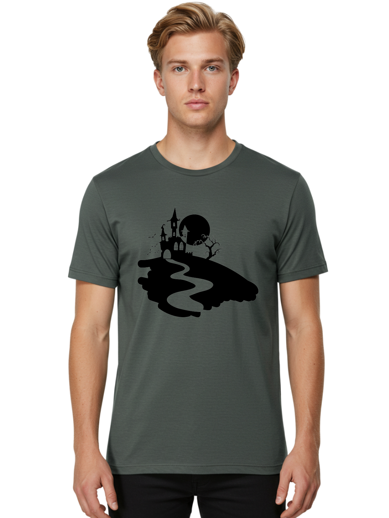Hand-Holding-Haunted-Mansion Men'S Graphic Tee, 100% Cotton, Comfortable Casual Summer Wear, Machine Washable, Haunted Castle, Spooky Atmosphere, Witching Hour, Full Moon, Creepy Tree, Winding Path, Mystical Ambiance, Gothic Architecture, Aab220 4