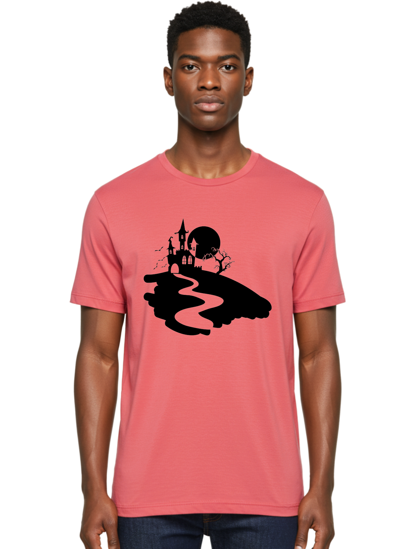 Hand-Holding-Haunted-Mansion Men'S Graphic Tee, 100% Cotton, Comfortable Casual Summer Wear, Machine Washable, Haunted Castle, Spooky Atmosphere, Witching Hour, Full Moon, Creepy Tree, Winding Path, Mystical Ambiance, Gothic Architecture, Aab220 6