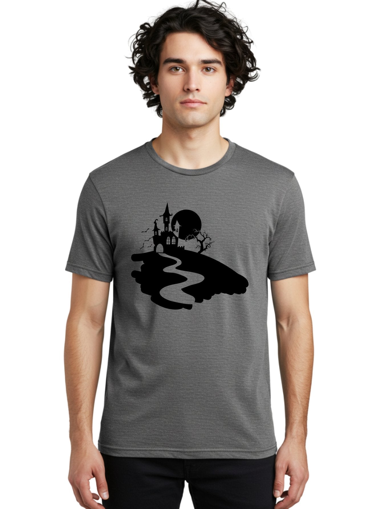 Hand-Holding-Haunted-Mansion Men'S Graphic Tee, 100% Cotton, Comfortable Casual Summer Wear, Machine Washable, Haunted Castle, Spooky Atmosphere, Witching Hour, Full Moon, Creepy Tree, Winding Path, Mystical Ambiance, Gothic Architecture, Aab220 29