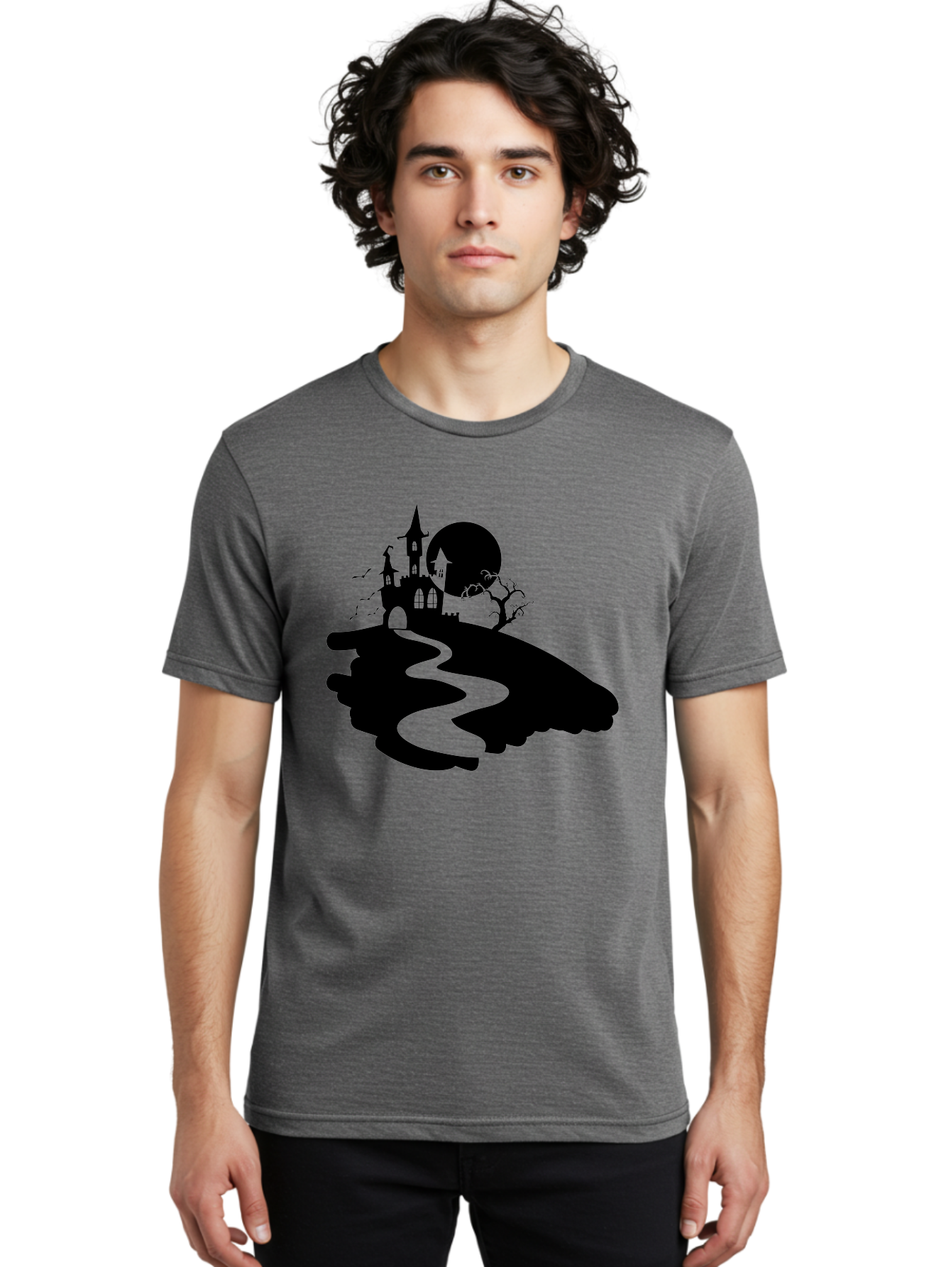 Hand-Holding-Haunted-Mansion Men'S Graphic Tee, 100% Cotton, Comfortable Casual Summer Wear, Machine Washable, Haunted Castle, Spooky Atmosphere, Witching Hour, Full Moon, Creepy Tree, Winding Path, Mystical Ambiance, Gothic Architecture, Aab220 10