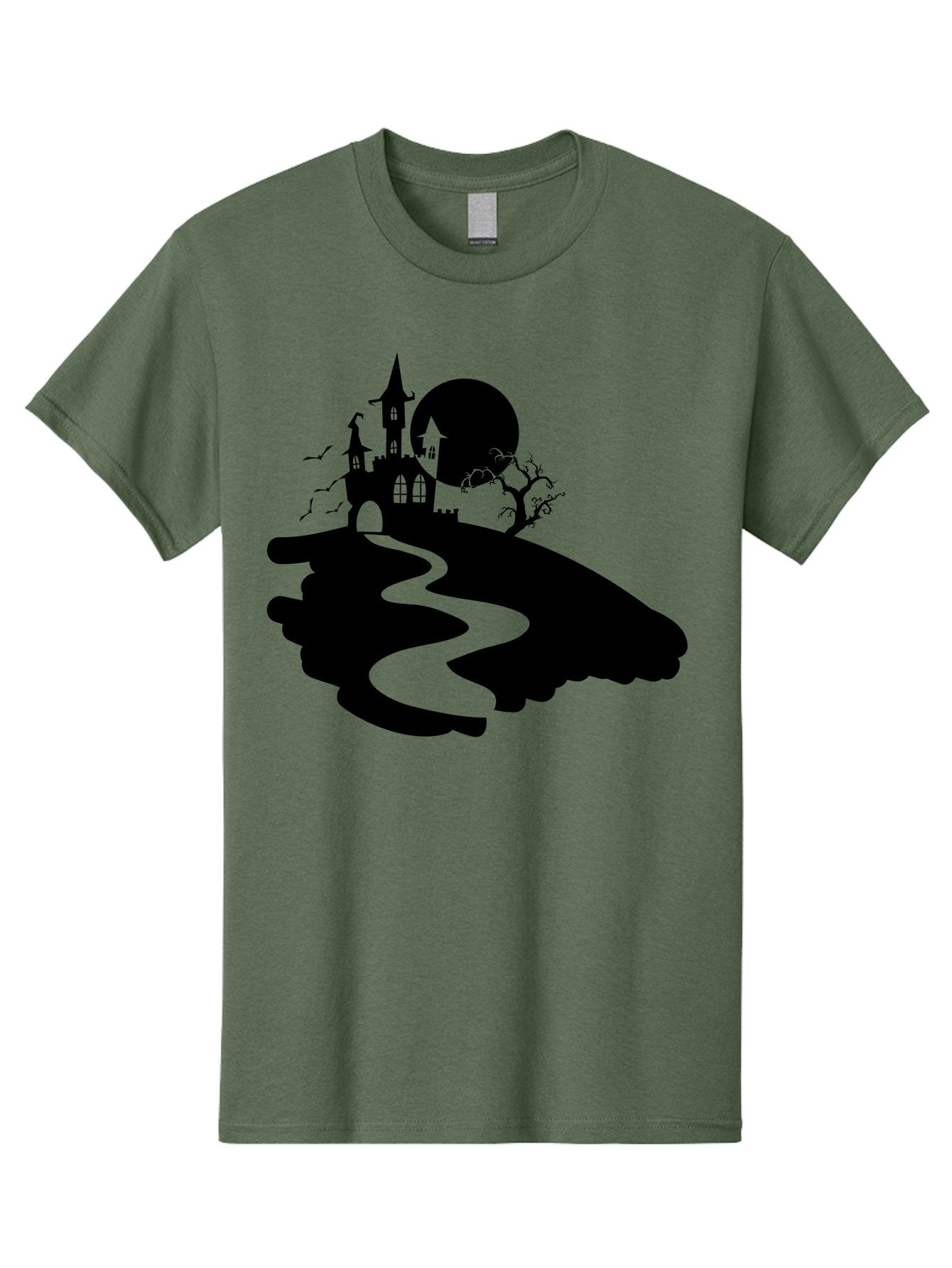 Hand-Holding-Haunted-Mansion Men'S Graphic Tee, 100% Cotton, Comfortable Casual Summer Wear, Machine Washable, Haunted Castle, Spooky Atmosphere, Witching Hour, Full Moon, Creepy Tree, Winding Path, Mystical Ambiance, Gothic Architecture, Aab220