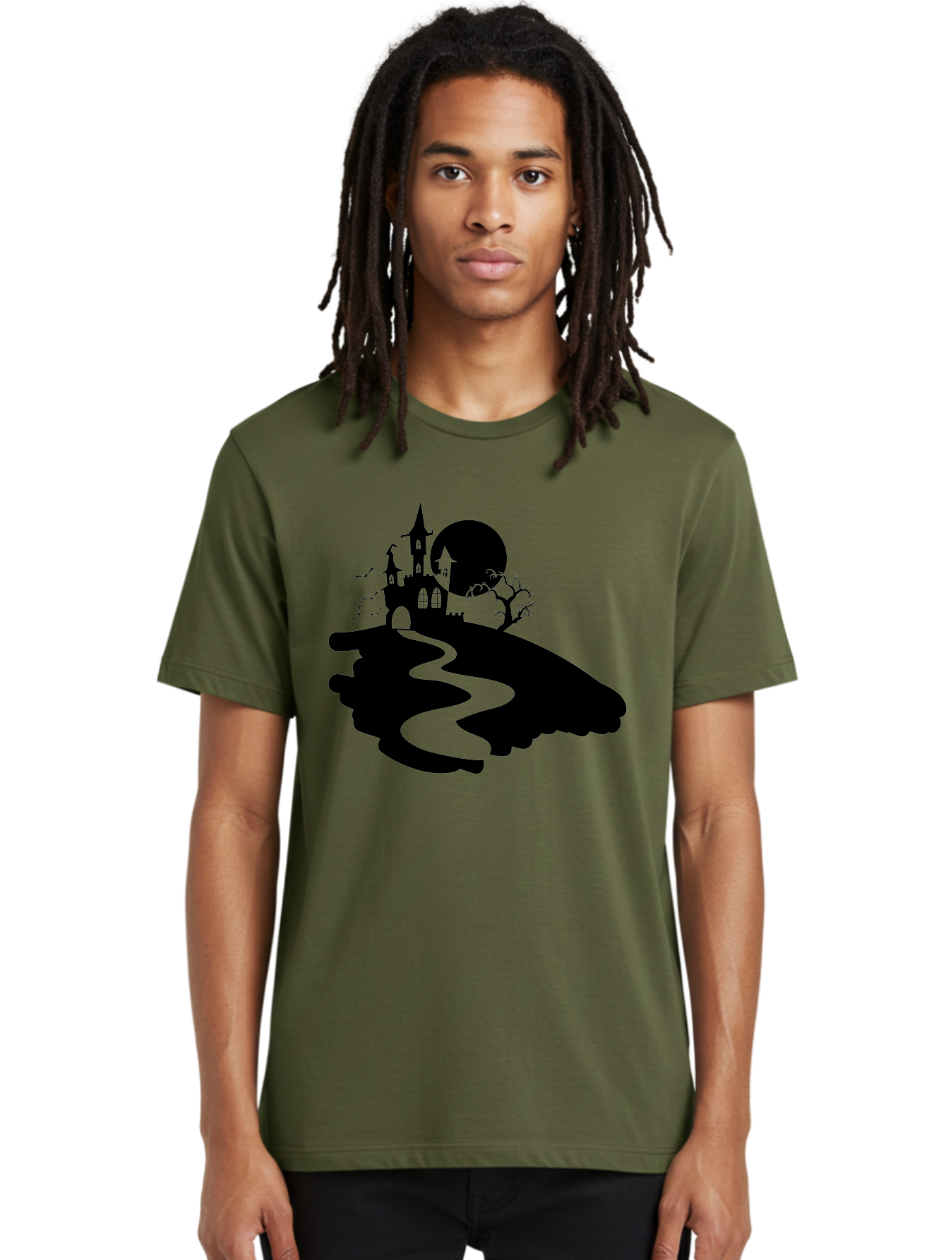 Hand-Holding-Haunted-Mansion Men'S Graphic Tee, 100% Cotton, Comfortable Casual Summer Wear, Machine Washable, Haunted Castle, Spooky Atmosphere, Witching Hour, Full Moon, Creepy Tree, Winding Path, Mystical Ambiance, Gothic Architecture, Aab220 16
