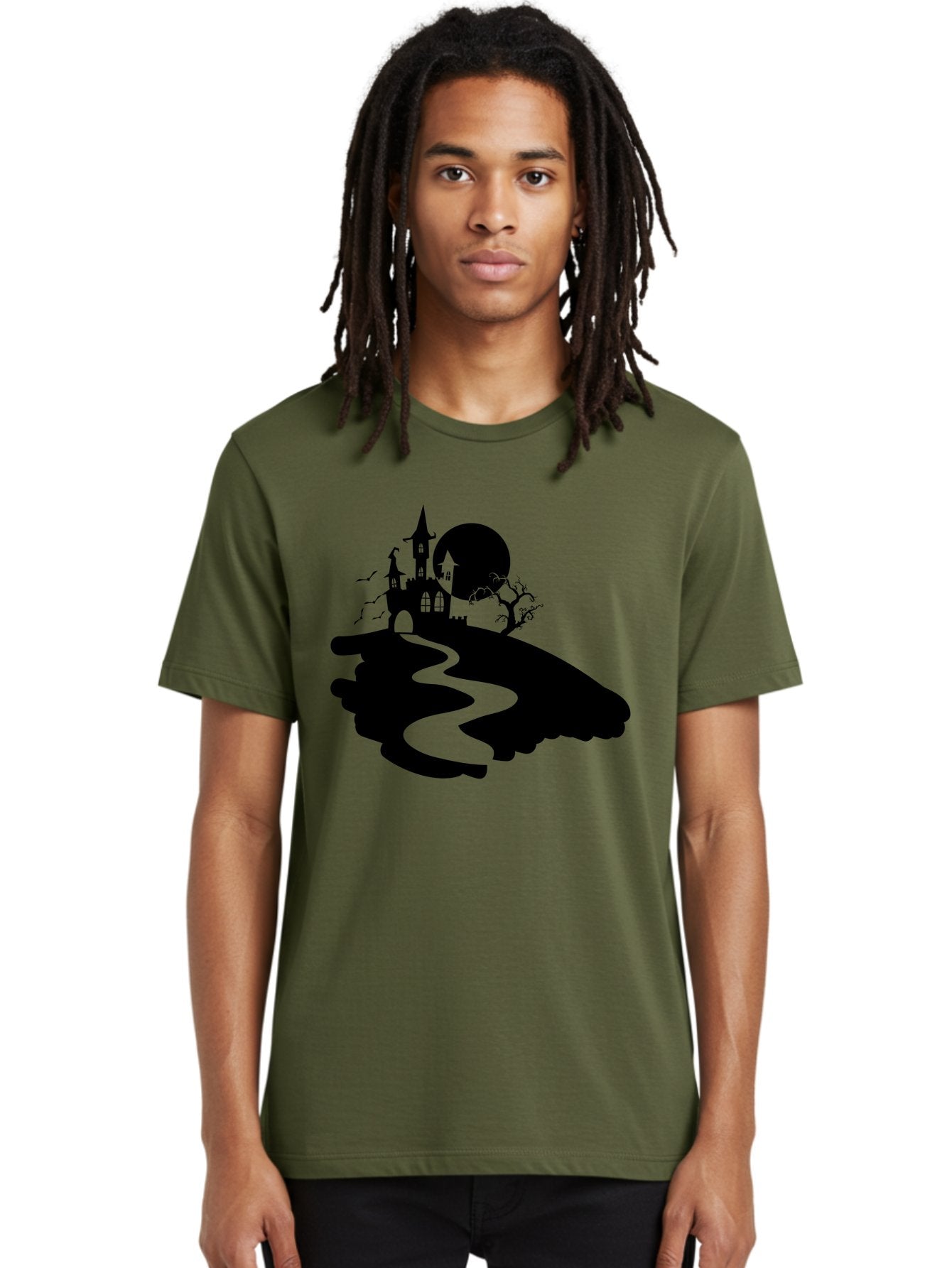 Hand-Holding-Haunted-Mansion Men'S Graphic Tee, 100% Cotton, Comfortable Casual Summer Wear, Machine Washable, Haunted Castle, Spooky Atmosphere, Witching Hour, Full Moon, Creepy Tree, Winding Path, Mystical Ambiance, Gothic Architecture, Aab220 19