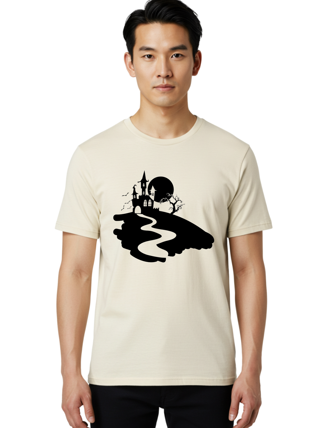 Hand-Holding-Haunted-Mansion Men'S Graphic Tee, 100% Cotton, Comfortable Casual Summer Wear, Machine Washable, Haunted Castle, Spooky Atmosphere, Witching Hour, Full Moon, Creepy Tree, Winding Path, Mystical Ambiance, Gothic Architecture, Aab220 18