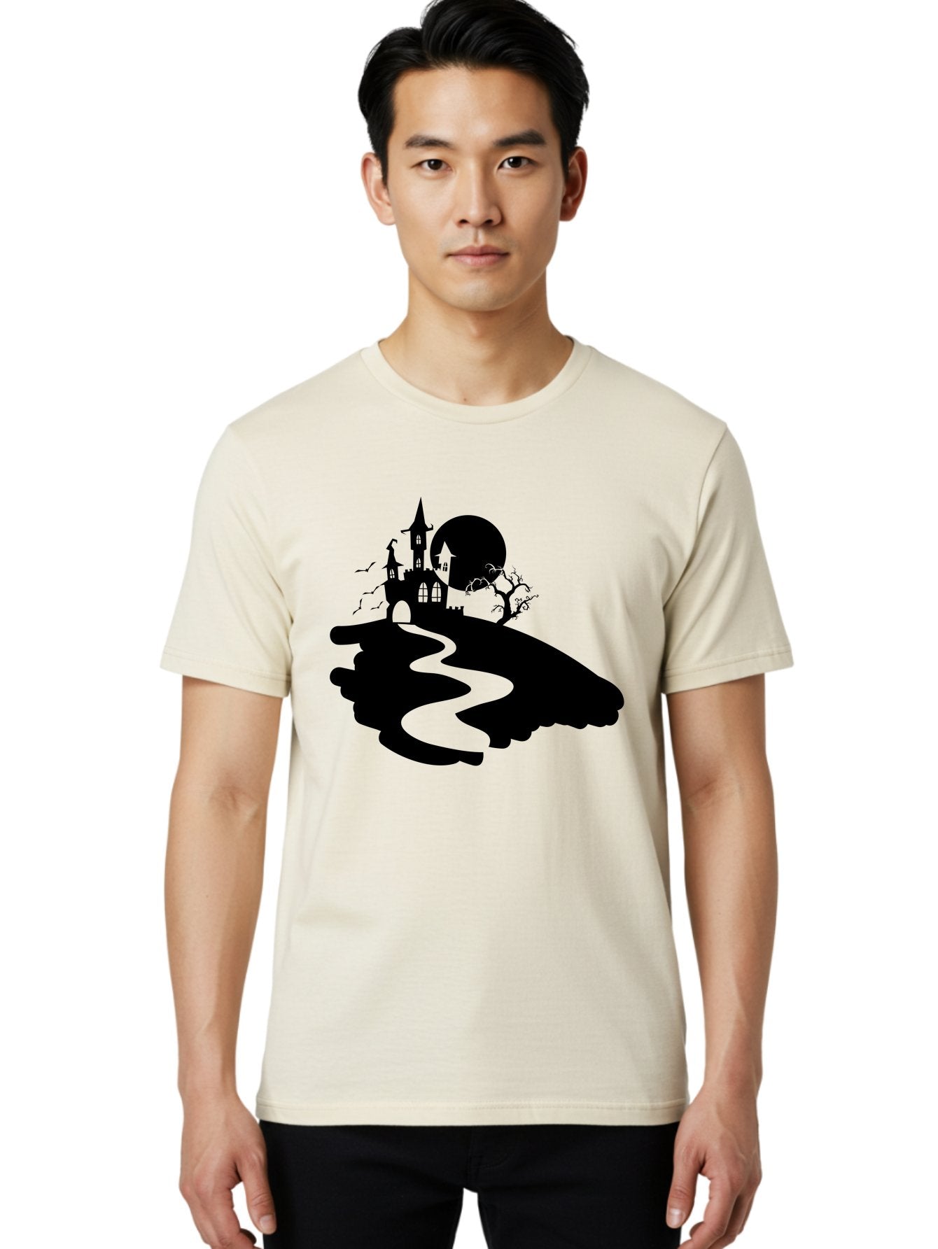 Hand-Holding-Haunted-Mansion Men'S Graphic Tee, 100% Cotton, Comfortable Casual Summer Wear, Machine Washable, Haunted Castle, Spooky Atmosphere, Witching Hour, Full Moon, Creepy Tree, Winding Path, Mystical Ambiance, Gothic Architecture, Aab220 17