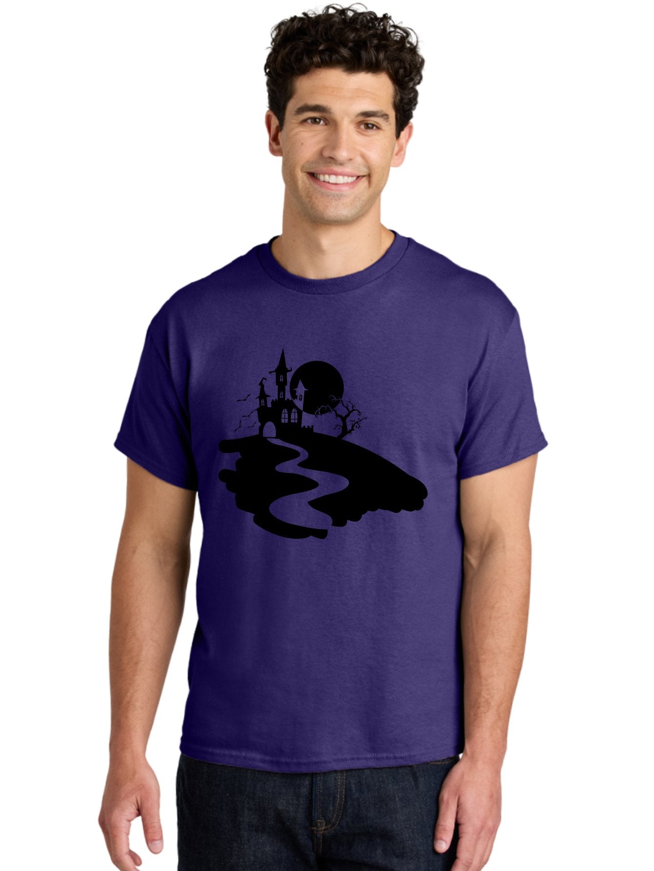 Hand-Holding-Haunted-Mansion Men'S Graphic Tee, 100% Cotton, Comfortable Casual Summer Wear, Machine Washable, Haunted Castle, Spooky Atmosphere, Witching Hour, Full Moon, Creepy Tree, Winding Path, Mystical Ambiance, Gothic Architecture, Aab220 27