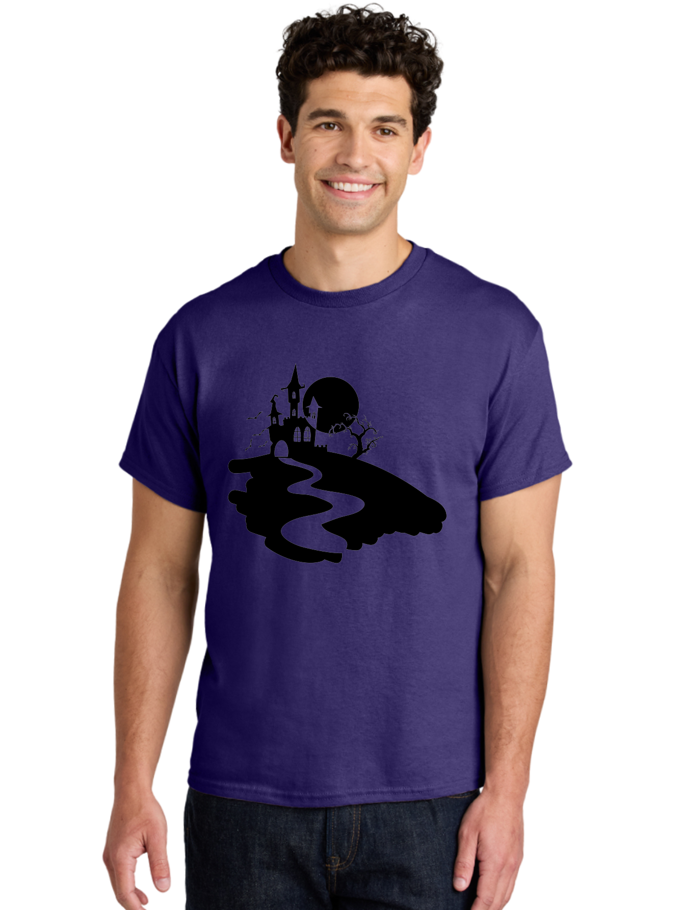 Hand-Holding-Haunted-Mansion Men'S Graphic Tee, 100% Cotton, Comfortable Casual Summer Wear, Machine Washable, Haunted Castle, Spooky Atmosphere, Witching Hour, Full Moon, Creepy Tree, Winding Path, Mystical Ambiance, Gothic Architecture, Aab220 22