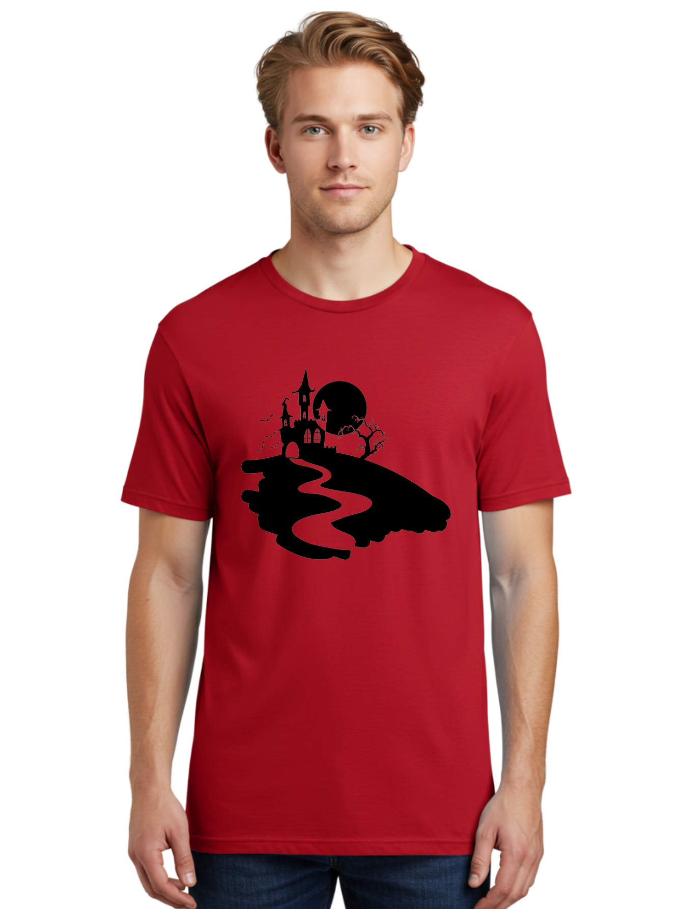 Hand-Holding-Haunted-Mansion Men'S Graphic Tee, 100% Cotton, Comfortable Casual Summer Wear, Machine Washable, Haunted Castle, Spooky Atmosphere, Witching Hour, Full Moon, Creepy Tree, Winding Path, Mystical Ambiance, Gothic Architecture, Aab220 24