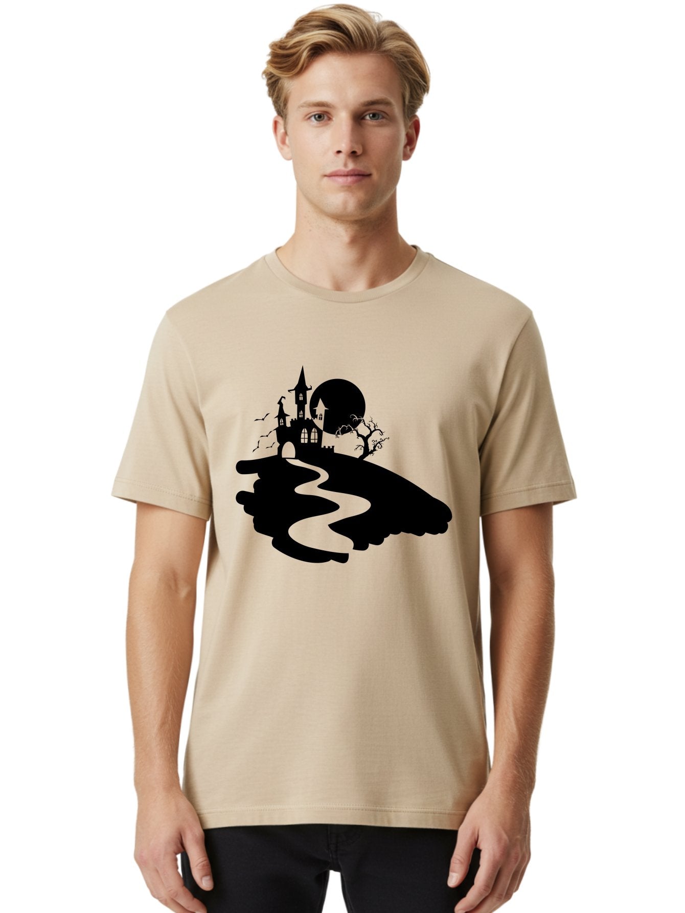 Hand-Holding-Haunted-Mansion Men'S Graphic Tee, 100% Cotton, Comfortable Casual Summer Wear, Machine Washable, Haunted Castle, Spooky Atmosphere, Witching Hour, Full Moon, Creepy Tree, Winding Path, Mystical Ambiance, Gothic Architecture, Aab220 24