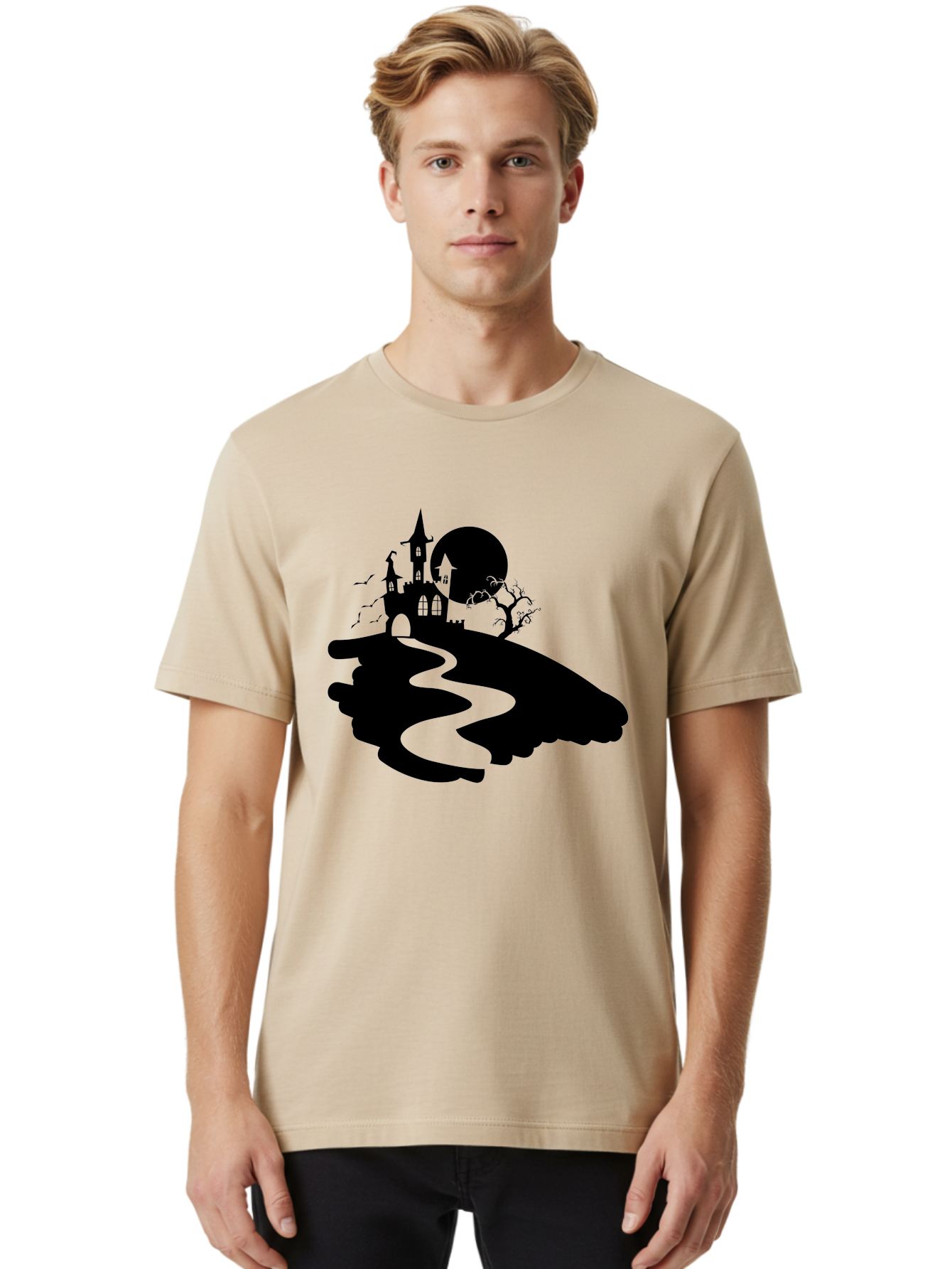 Hand-Holding-Haunted-Mansion Men'S Graphic Tee, 100% Cotton, Comfortable Casual Summer Wear, Machine Washable, Haunted Castle, Spooky Atmosphere, Witching Hour, Full Moon, Creepy Tree, Winding Path, Mystical Ambiance, Gothic Architecture, Aab220 28