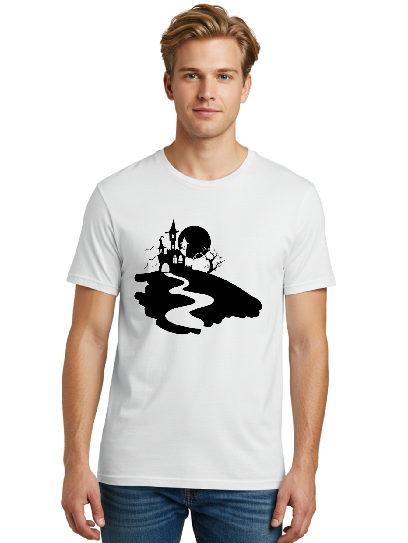 Hand-Holding-Haunted-Mansion Men'S Graphic Tee, 100% Cotton, Comfortable Casual Summer Wear, Machine Washable, Haunted Castle, Spooky Atmosphere, Witching Hour, Full Moon, Creepy Tree, Winding Path, Mystical Ambiance, Gothic Architecture, Aab220 30