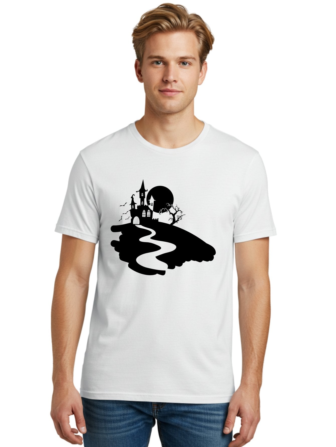 Hand-Holding-Haunted-Mansion Men'S Graphic Tee, 100% Cotton, Comfortable Casual Summer Wear, Machine Washable, Haunted Castle, Spooky Atmosphere, Witching Hour, Full Moon, Creepy Tree, Winding Path, Mystical Ambiance, Gothic Architecture, Aab220 28