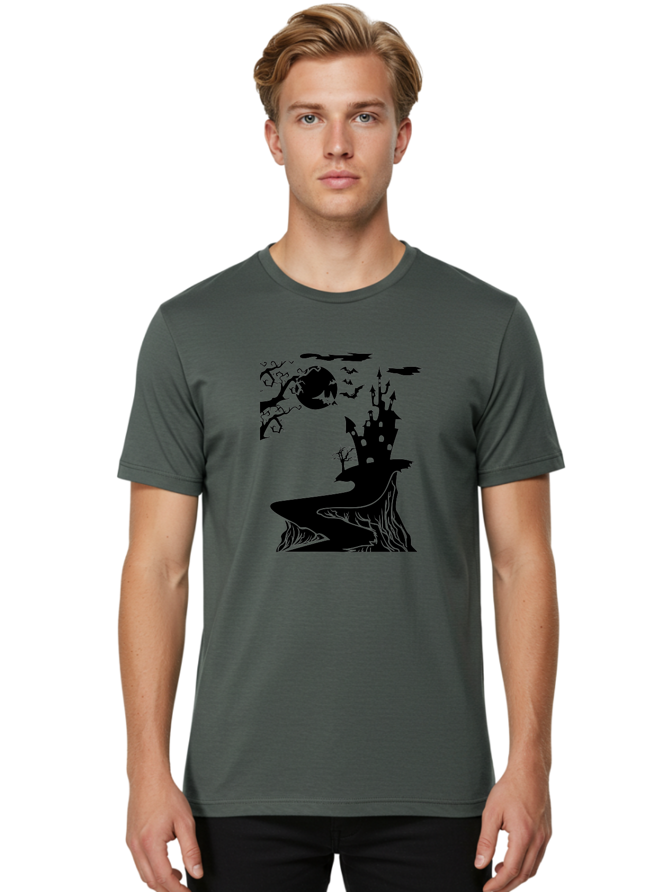 Haunted-Castle-1 Men'S Graphic Tee, 100% Cotton, Comfortable Casual Summer Wear, Machine Washable, Haunted House, Creepy Castle, Spooky Atmosphere, Halloween Theme, Dark Magic, Full Moon, Bats Flying Aab221 4
