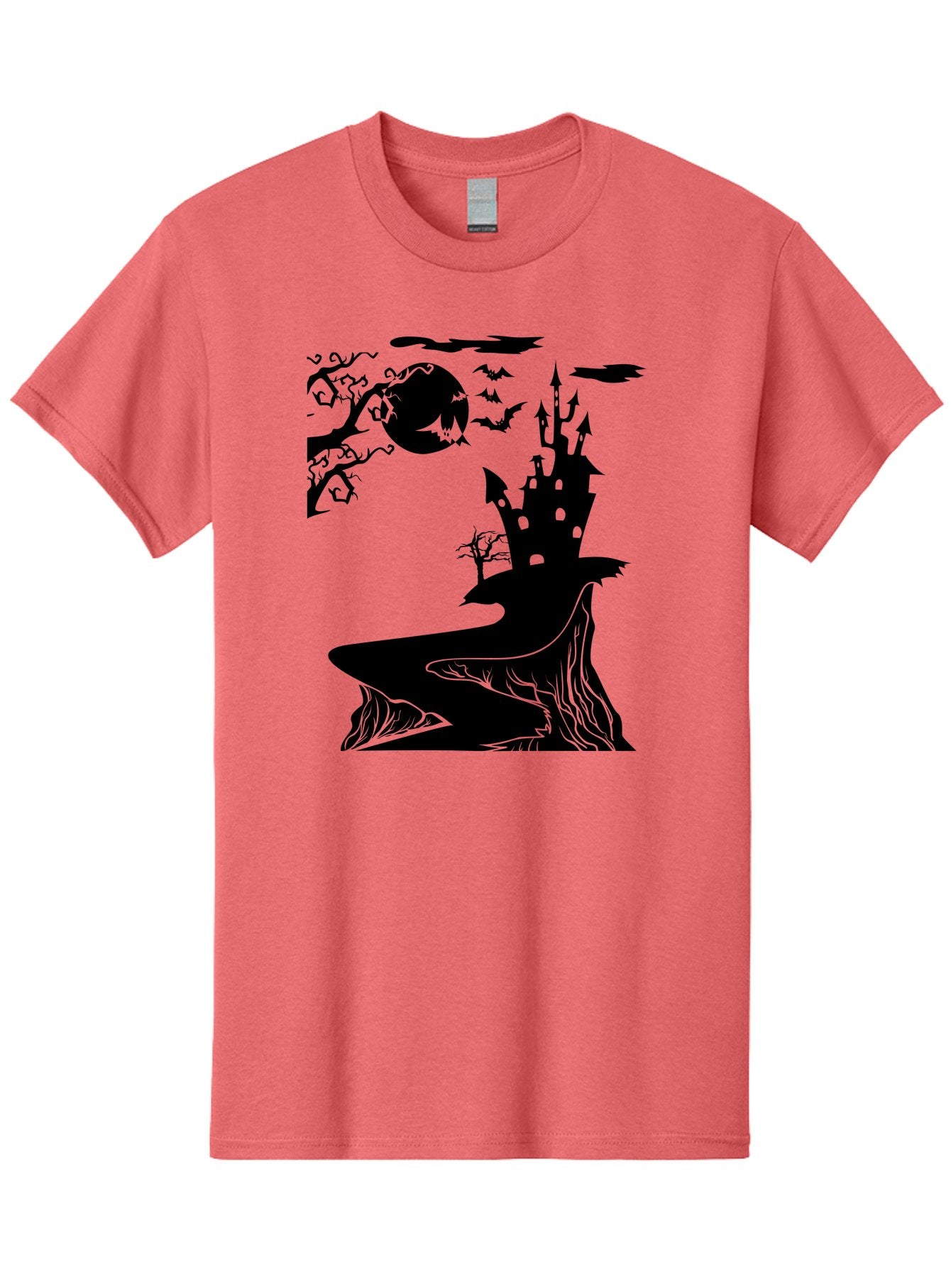 Haunted-Castle-1 Men'S Graphic Tee, 100% Cotton, Comfortable Casual Summer Wear, Machine Washable, Haunted House, Creepy Castle, Spooky Atmosphere, Halloween Theme, Dark Magic, Full Moon, Bats Flying Aab221 7