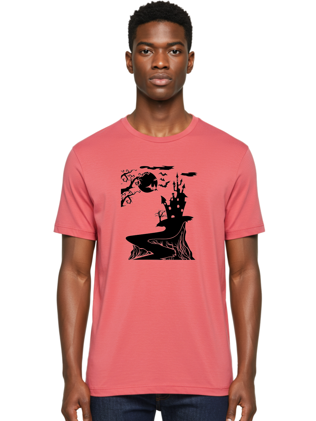 Haunted-Castle-1 Men'S Graphic Tee, 100% Cotton, Comfortable Casual Summer Wear, Machine Washable, Haunted House, Creepy Castle, Spooky Atmosphere, Halloween Theme, Dark Magic, Full Moon, Bats Flying Aab221 6
