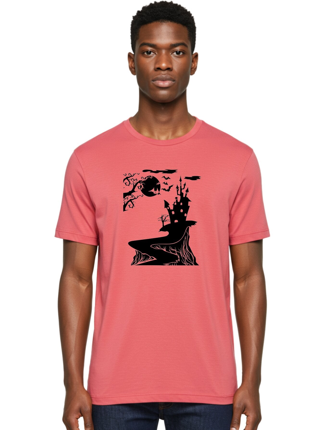 Haunted-Castle-1 Men'S Graphic Tee, 100% Cotton, Comfortable Casual Summer Wear, Machine Washable, Haunted House, Creepy Castle, Spooky Atmosphere, Halloween Theme, Dark Magic, Full Moon, Bats Flying Aab221 16