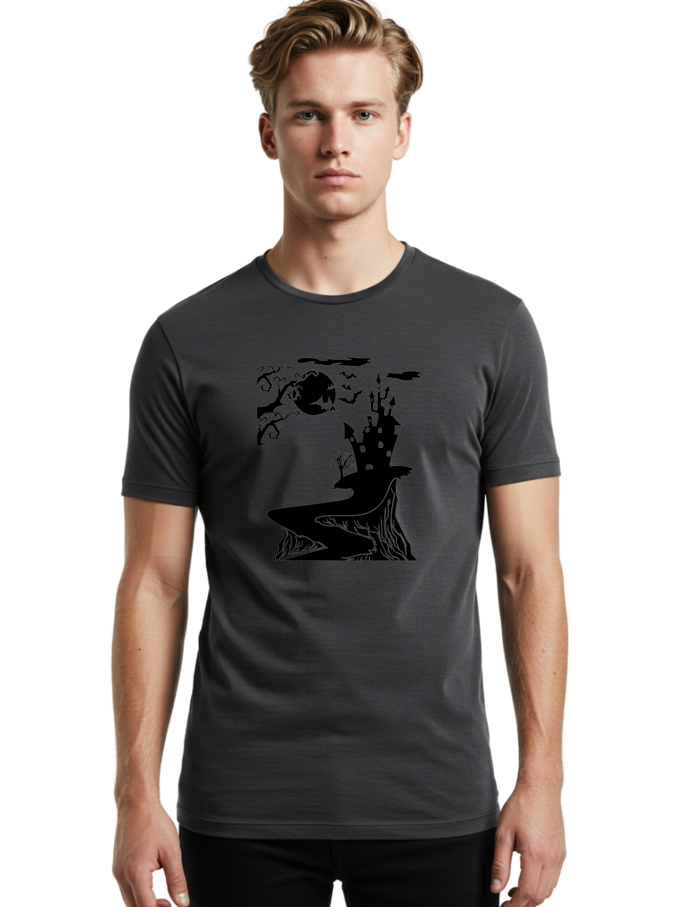 Haunted-Castle-1 Men'S Graphic Tee, 100% Cotton, Comfortable Casual Summer Wear, Machine Washable, Haunted House, Creepy Castle, Spooky Atmosphere, Halloween Theme, Dark Magic, Full Moon, Bats Flying Aab221 8