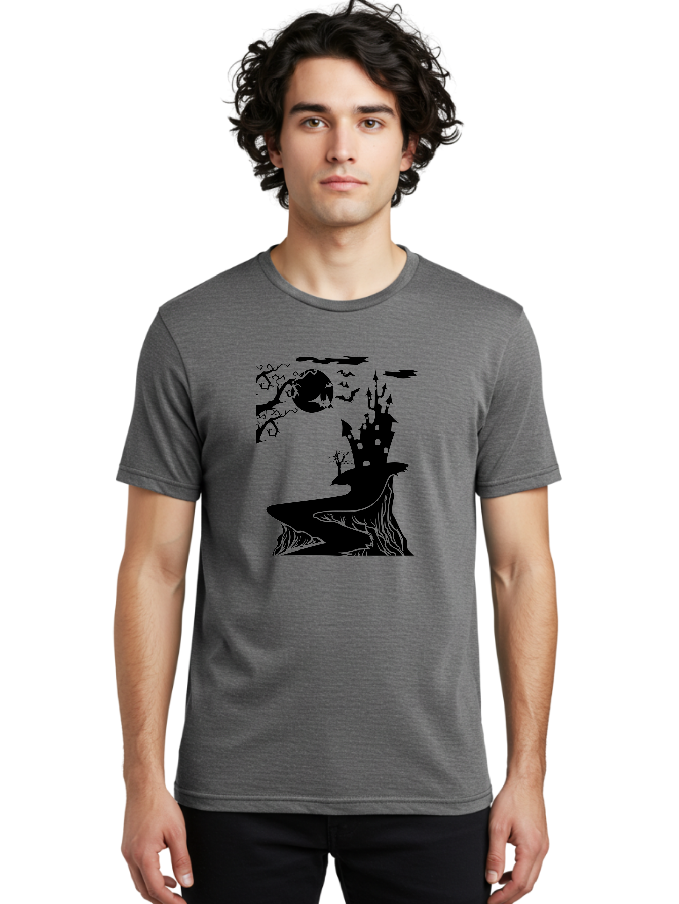 Haunted-Castle-1 Men'S Graphic Tee, 100% Cotton, Comfortable Casual Summer Wear, Machine Washable, Haunted House, Creepy Castle, Spooky Atmosphere, Halloween Theme, Dark Magic, Full Moon, Bats Flying Aab221 10