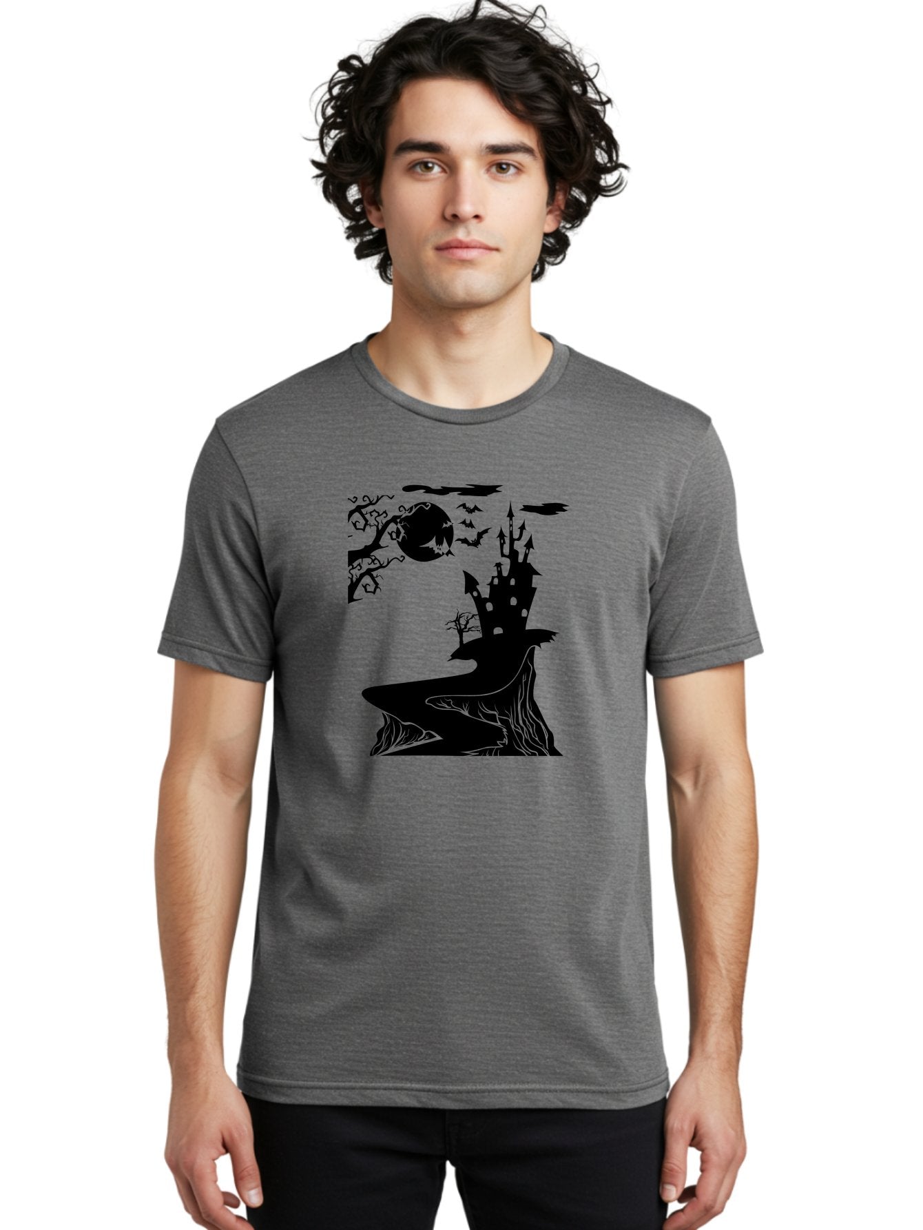 Haunted-Castle-1 Men'S Graphic Tee, 100% Cotton, Comfortable Casual Summer Wear, Machine Washable, Haunted House, Creepy Castle, Spooky Atmosphere, Halloween Theme, Dark Magic, Full Moon, Bats Flying Aab221 17