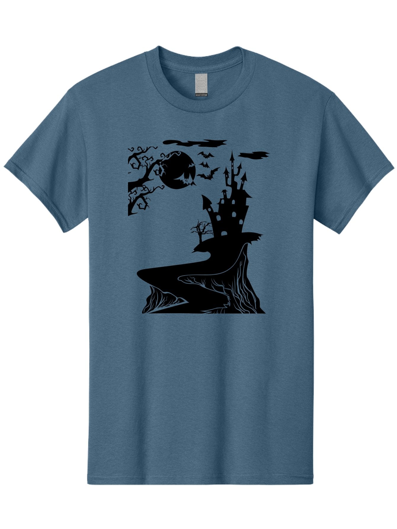 Haunted-Castle-1 Men'S Graphic Tee, 100% Cotton, Comfortable Casual Summer Wear, Machine Washable, Haunted House, Creepy Castle, Spooky Atmosphere, Halloween Theme, Dark Magic, Full Moon, Bats Flying Aab221 4