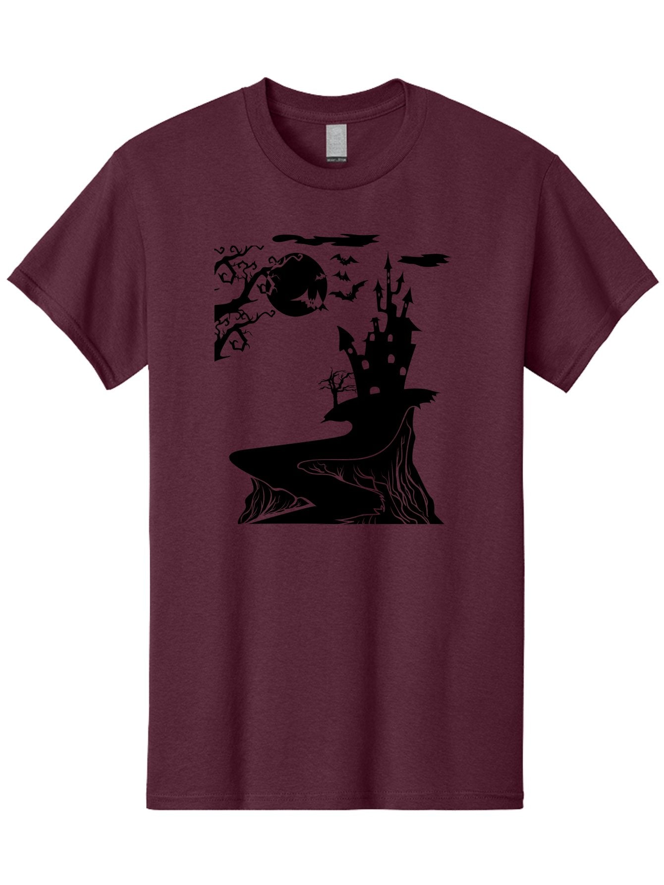 Haunted-Castle-1 Men'S Graphic Tee, 100% Cotton, Comfortable Casual Summer Wear, Machine Washable, Haunted House, Creepy Castle, Spooky Atmosphere, Halloween Theme, Dark Magic, Full Moon, Bats Flying Aab221