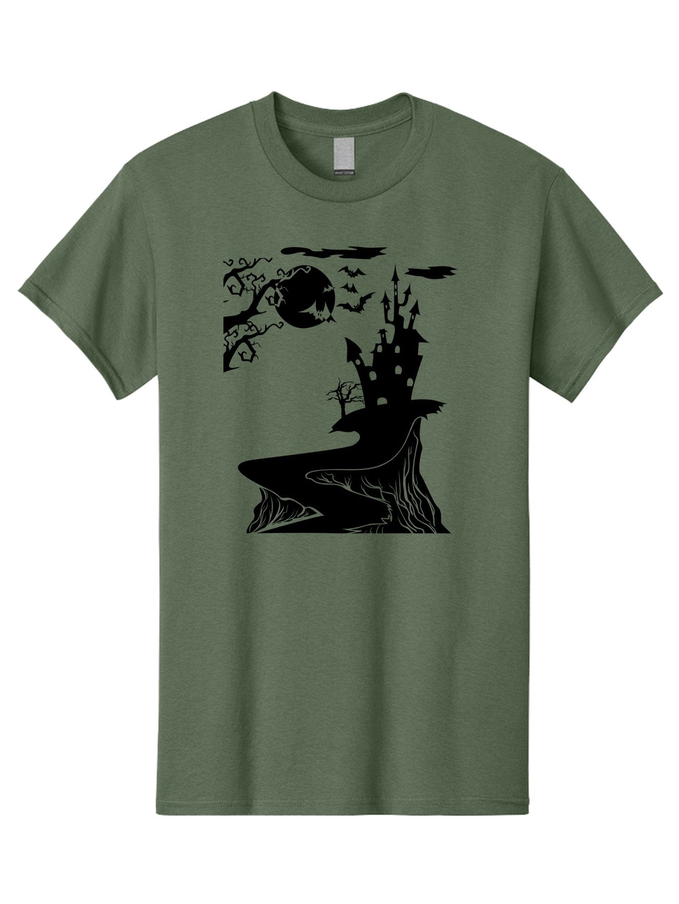 Haunted-Castle-1 Men'S Graphic Tee, 100% Cotton, Comfortable Casual Summer Wear, Machine Washable, Haunted House, Creepy Castle, Spooky Atmosphere, Halloween Theme, Dark Magic, Full Moon, Bats Flying Aab221