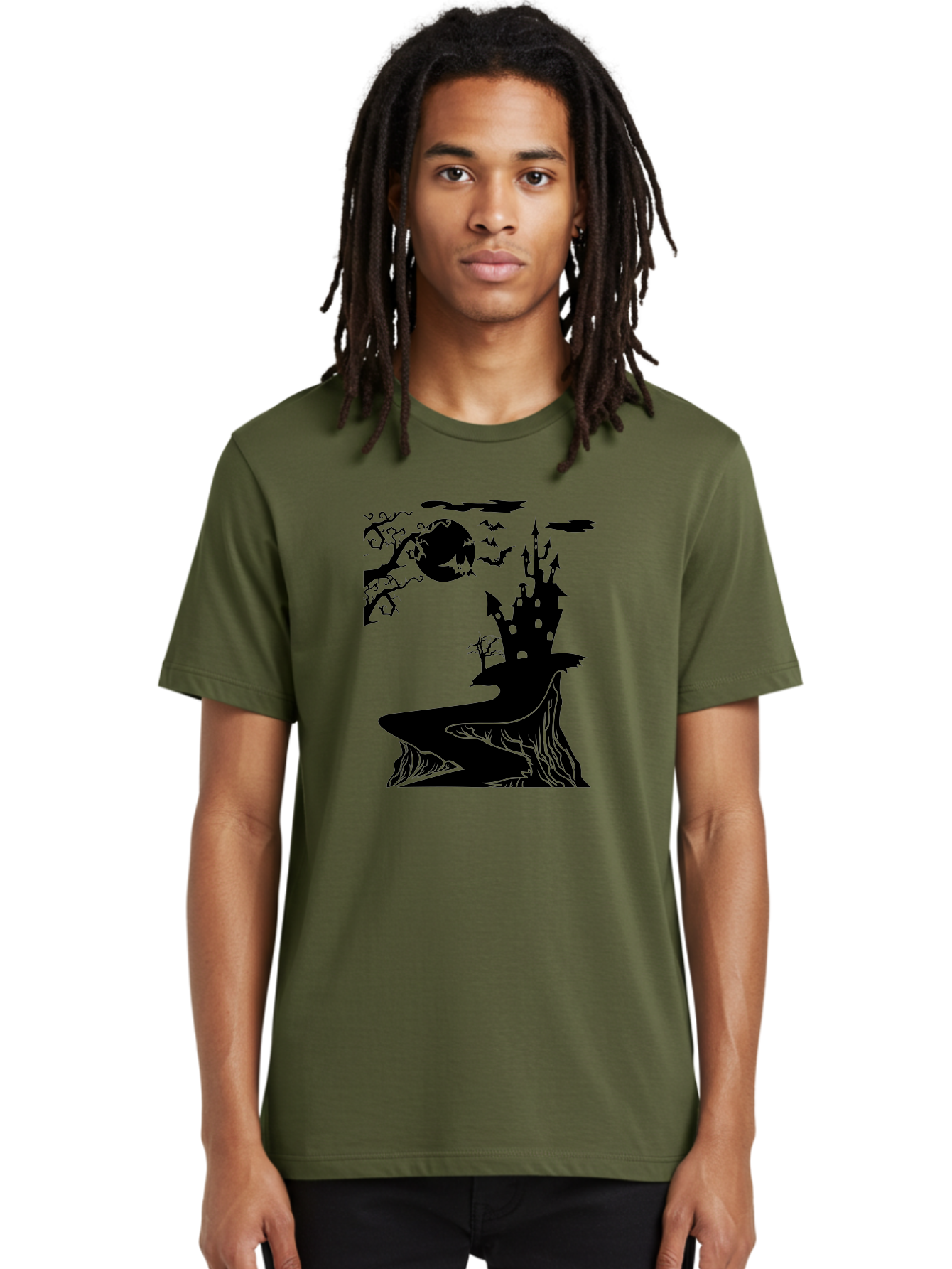 Haunted-Castle-1 Men'S Graphic Tee, 100% Cotton, Comfortable Casual Summer Wear, Machine Washable, Haunted House, Creepy Castle, Spooky Atmosphere, Halloween Theme, Dark Magic, Full Moon, Bats Flying Aab221 16