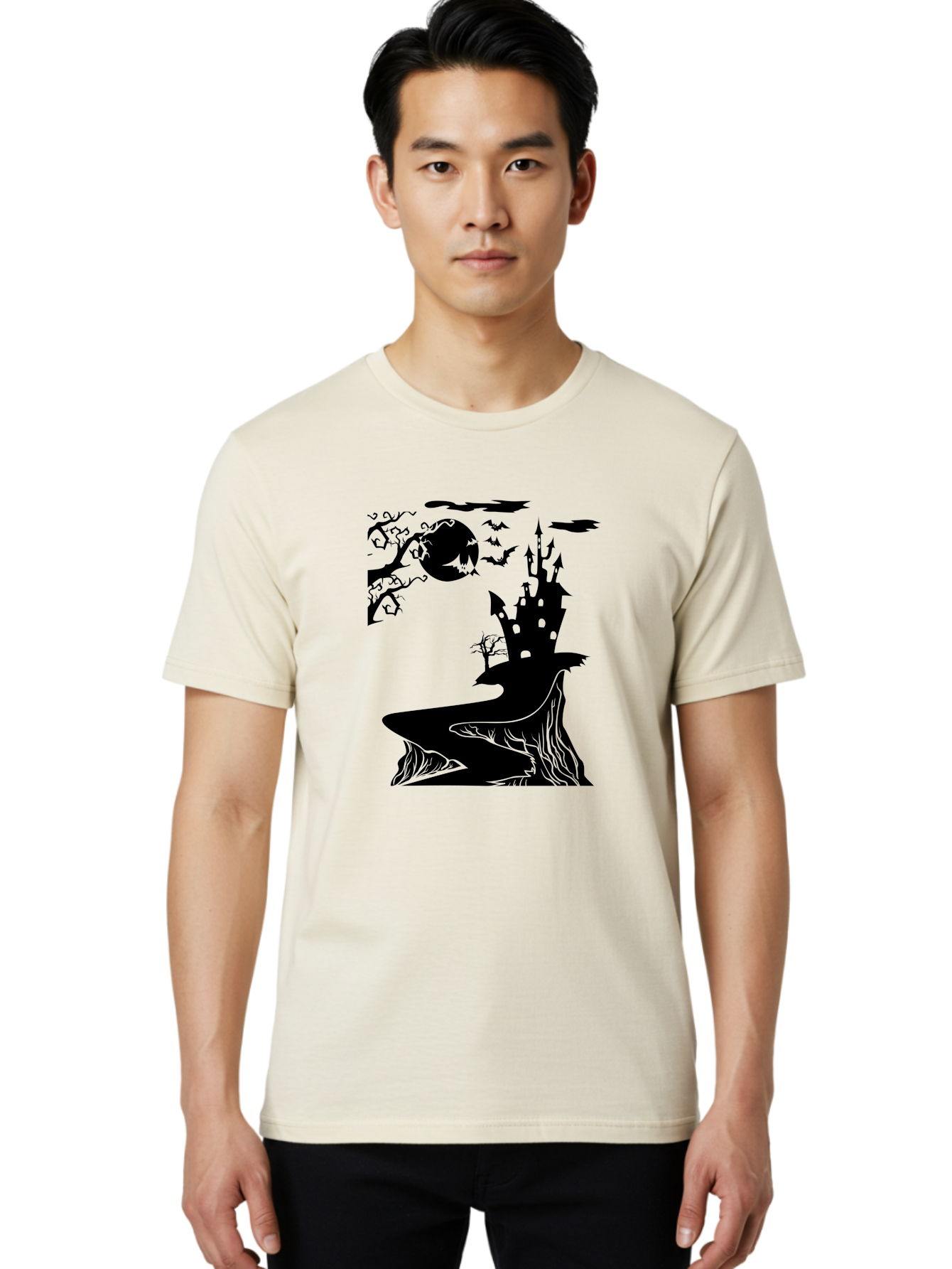 Haunted-Castle-1 Men'S Graphic Tee, 100% Cotton, Comfortable Casual Summer Wear, Machine Washable, Haunted House, Creepy Castle, Spooky Atmosphere, Halloween Theme, Dark Magic, Full Moon, Bats Flying Aab221 18