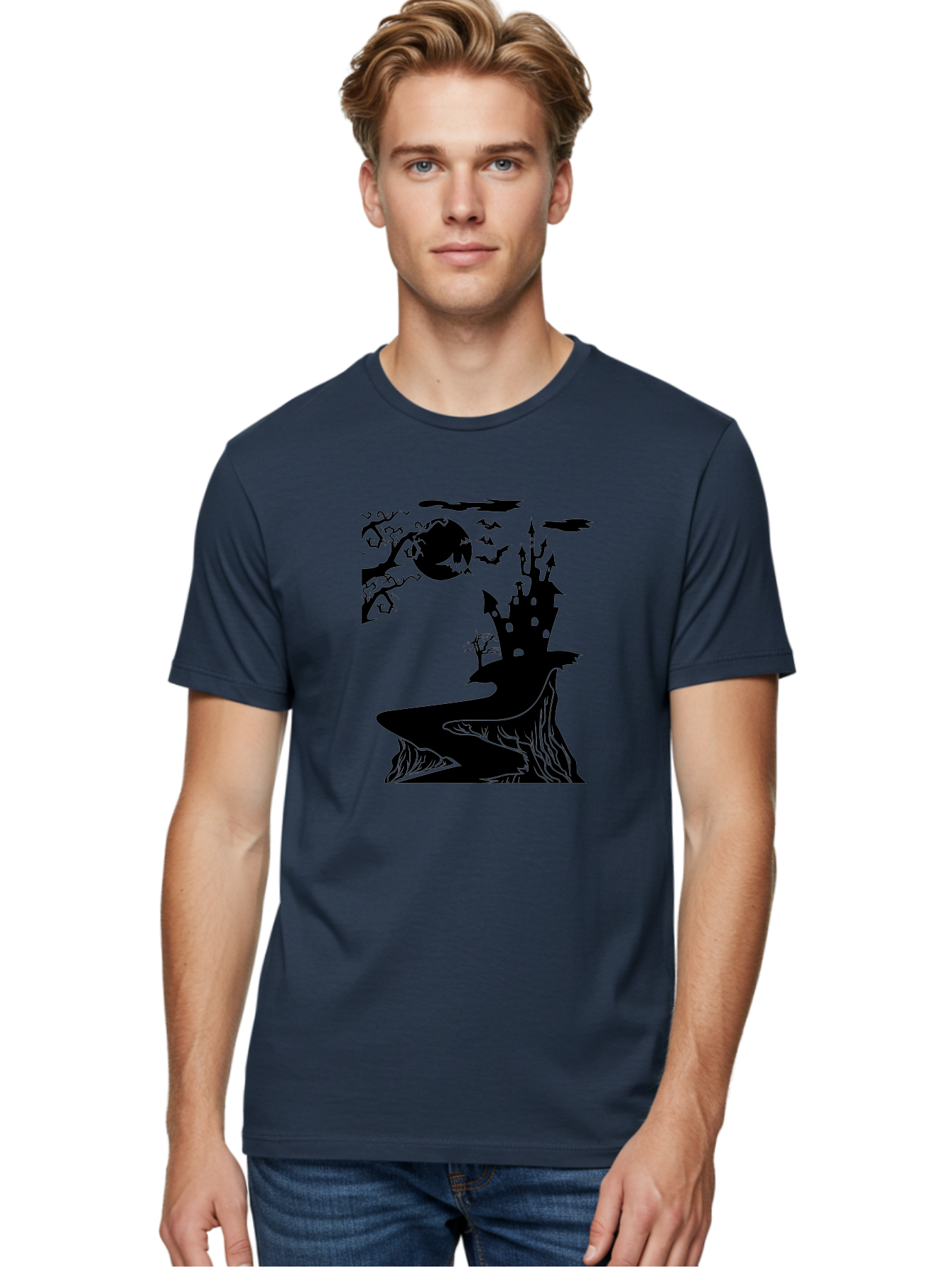 Haunted-Castle-1 Men'S Graphic Tee, 100% Cotton, Comfortable Casual Summer Wear, Machine Washable, Haunted House, Creepy Castle, Spooky Atmosphere, Halloween Theme, Dark Magic, Full Moon, Bats Flying Aab221 20