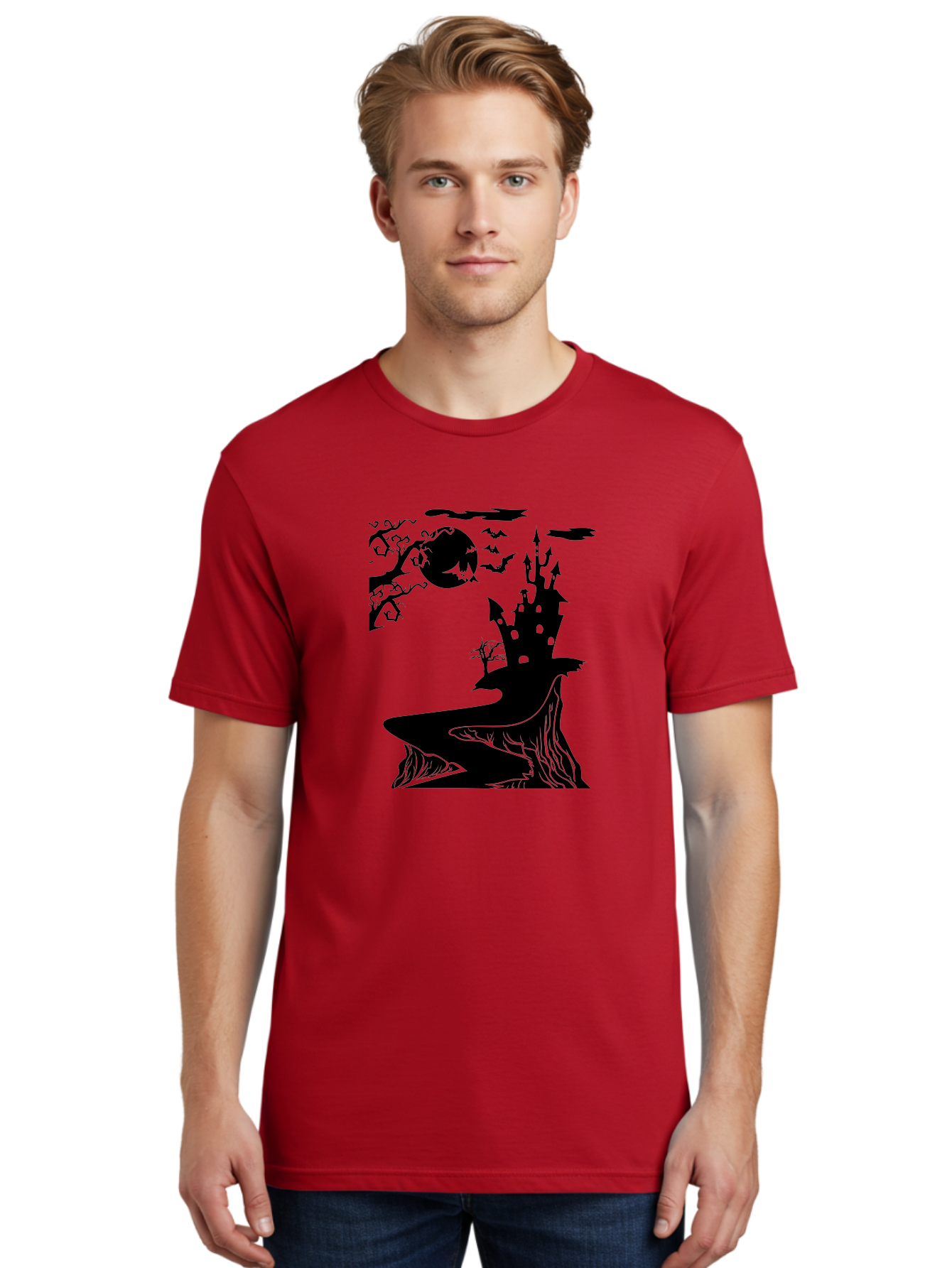 Haunted-Castle-1 Men'S Graphic Tee, 100% Cotton, Comfortable Casual Summer Wear, Machine Washable, Haunted House, Creepy Castle, Spooky Atmosphere, Halloween Theme, Dark Magic, Full Moon, Bats Flying Aab221 24