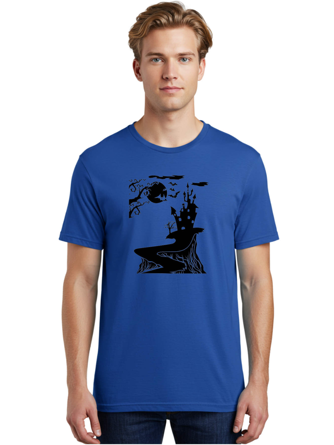 Haunted-Castle-1 Men'S Graphic Tee, 100% Cotton, Comfortable Casual Summer Wear, Machine Washable, Haunted House, Creepy Castle, Spooky Atmosphere, Halloween Theme, Dark Magic, Full Moon, Bats Flying Aab221 26