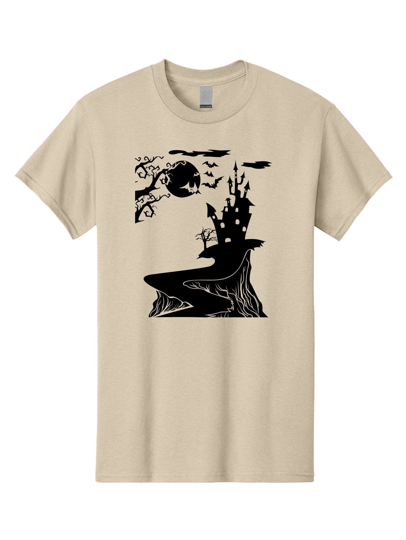 Haunted-Castle-1 Men'S Graphic Tee, 100% Cotton, Comfortable Casual Summer Wear, Machine Washable, Haunted House, Creepy Castle, Spooky Atmosphere, Halloween Theme, Dark Magic, Full Moon, Bats Flying Aab221 14