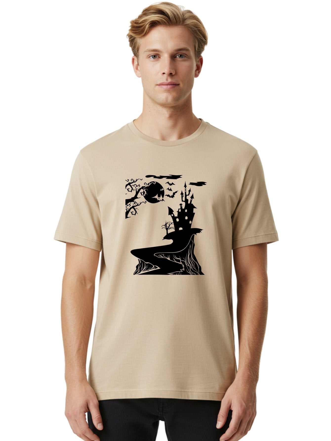Haunted-Castle-1 Men'S Graphic Tee, 100% Cotton, Comfortable Casual Summer Wear, Machine Washable, Haunted House, Creepy Castle, Spooky Atmosphere, Halloween Theme, Dark Magic, Full Moon, Bats Flying Aab221 29