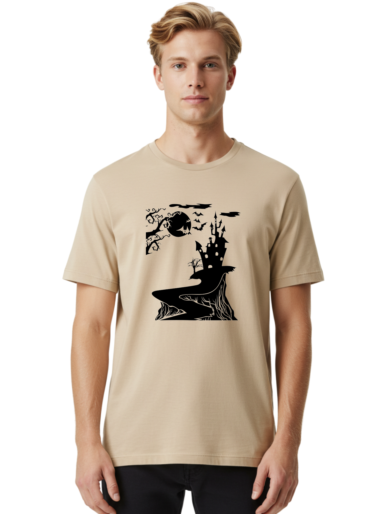 Haunted-Castle-1 Men'S Graphic Tee, 100% Cotton, Comfortable Casual Summer Wear, Machine Washable, Haunted House, Creepy Castle, Spooky Atmosphere, Halloween Theme, Dark Magic, Full Moon, Bats Flying Aab221 28