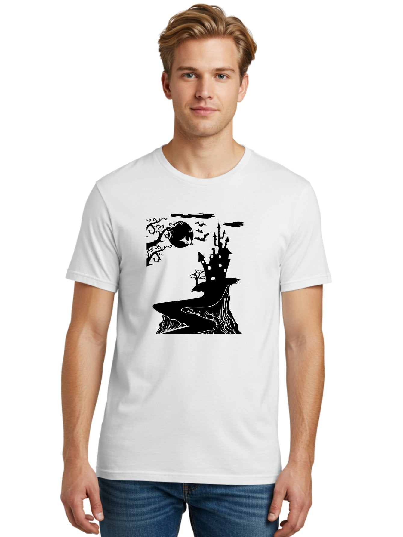 Haunted-Castle-1 Men'S Graphic Tee, 100% Cotton, Comfortable Casual Summer Wear, Machine Washable, Haunted House, Creepy Castle, Spooky Atmosphere, Halloween Theme, Dark Magic, Full Moon, Bats Flying Aab221 28